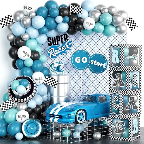 Miniatura 1 de Kit de arco de guirnalda de globos de coche de carreras con cajas de globos, decoración de fiesta de cumpleaños de coche de carreras, decoraciones