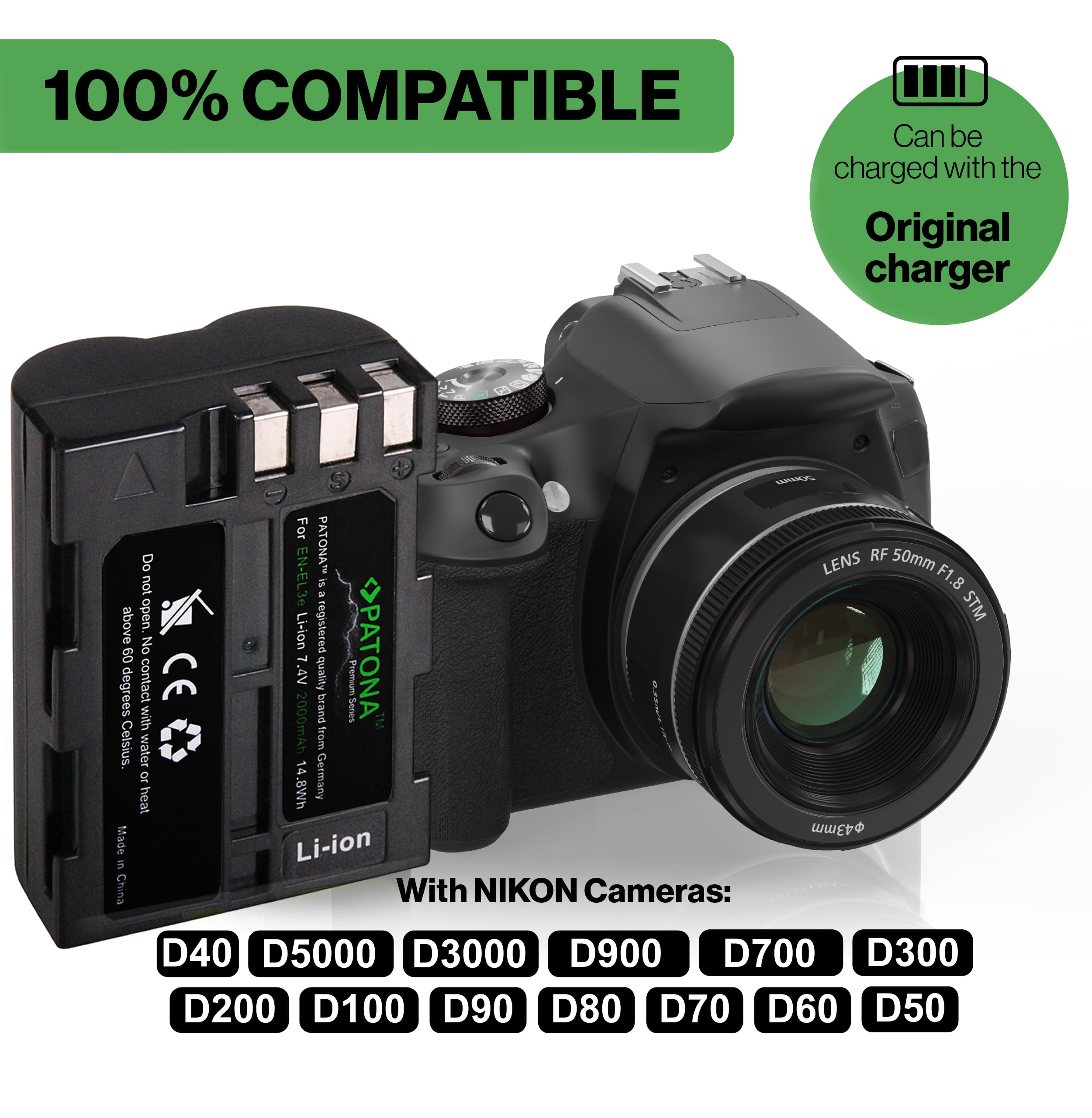 PATONA Premium EN-EL3E Batería 2000mAh Compatible con Nikon D50 D70 D70s D80 D90 D100 D200 D300 D300S D700 batería de Repuesto para los Modelos EN EL3E ENEL3E
