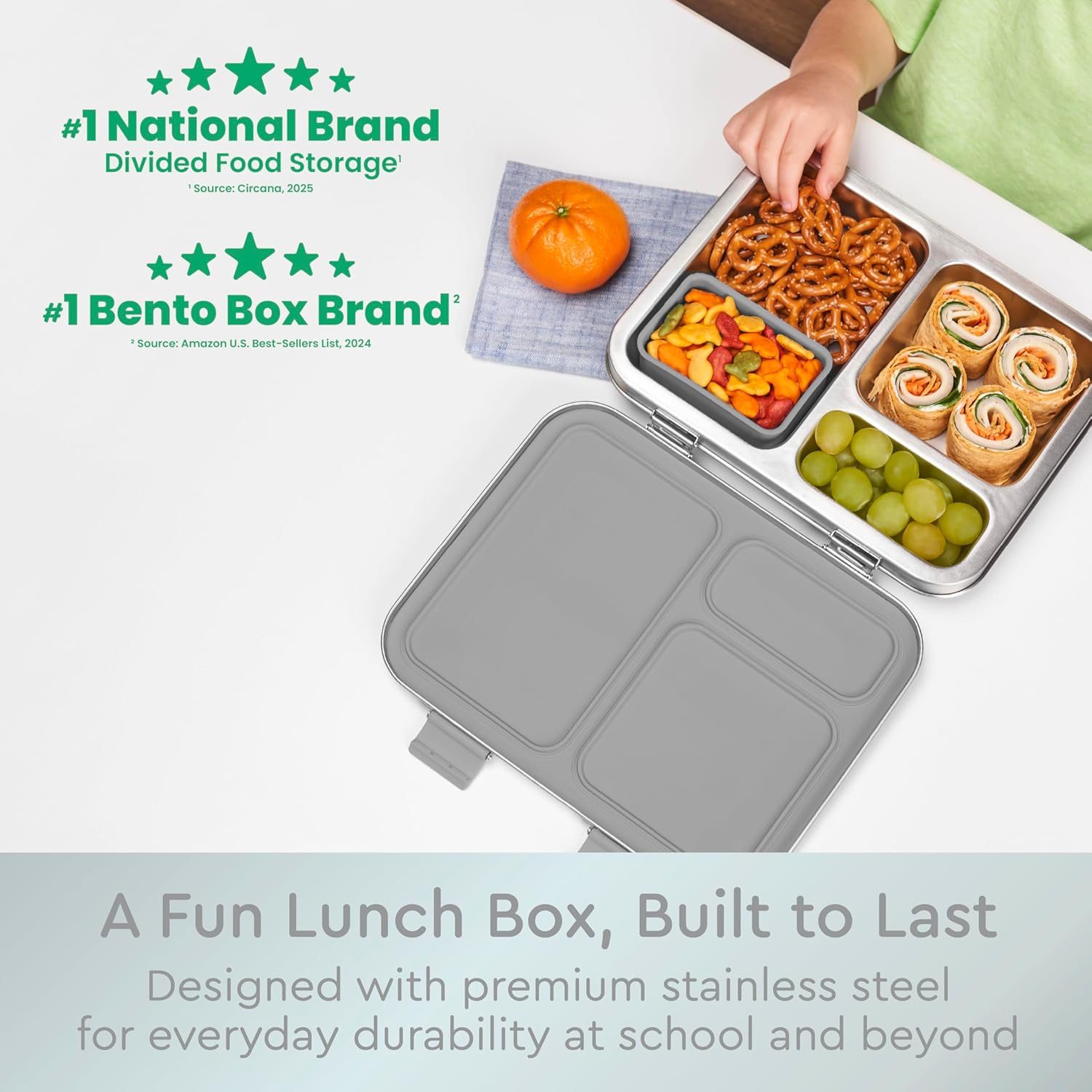 Bentgo Kids Stainless Steel Leak-Resistant Lunch Box - 3-Compartments with Bonus Silicone Container, Durable, Eco-Friendly, Dishwasher Safe, BPA-Free, Ideal for School, Ages 3+ (Silver) - Image 2