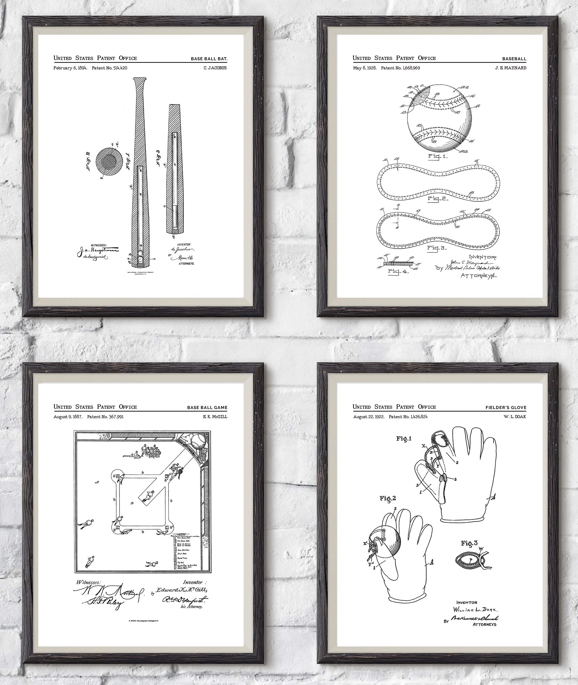 Madison Oak Design | Set of 4 Baseball Patent Art Prints | 8x10 Portraits Include: Baseball Bat, Baseball Field, Base Ball and Glove | Man Cave Decor, Boys Room Wall Prints, Wall Art | UNFRAMED