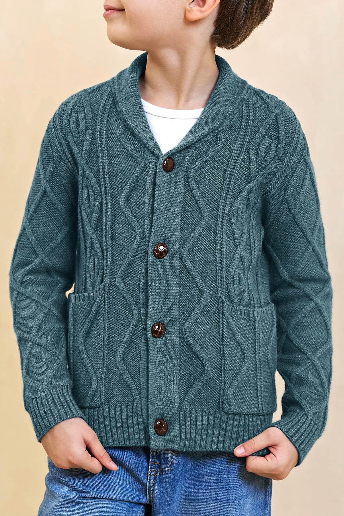 Suéter de punto trenzado para niño, con botones, cuello de chal, de manga larga, con bolsillos