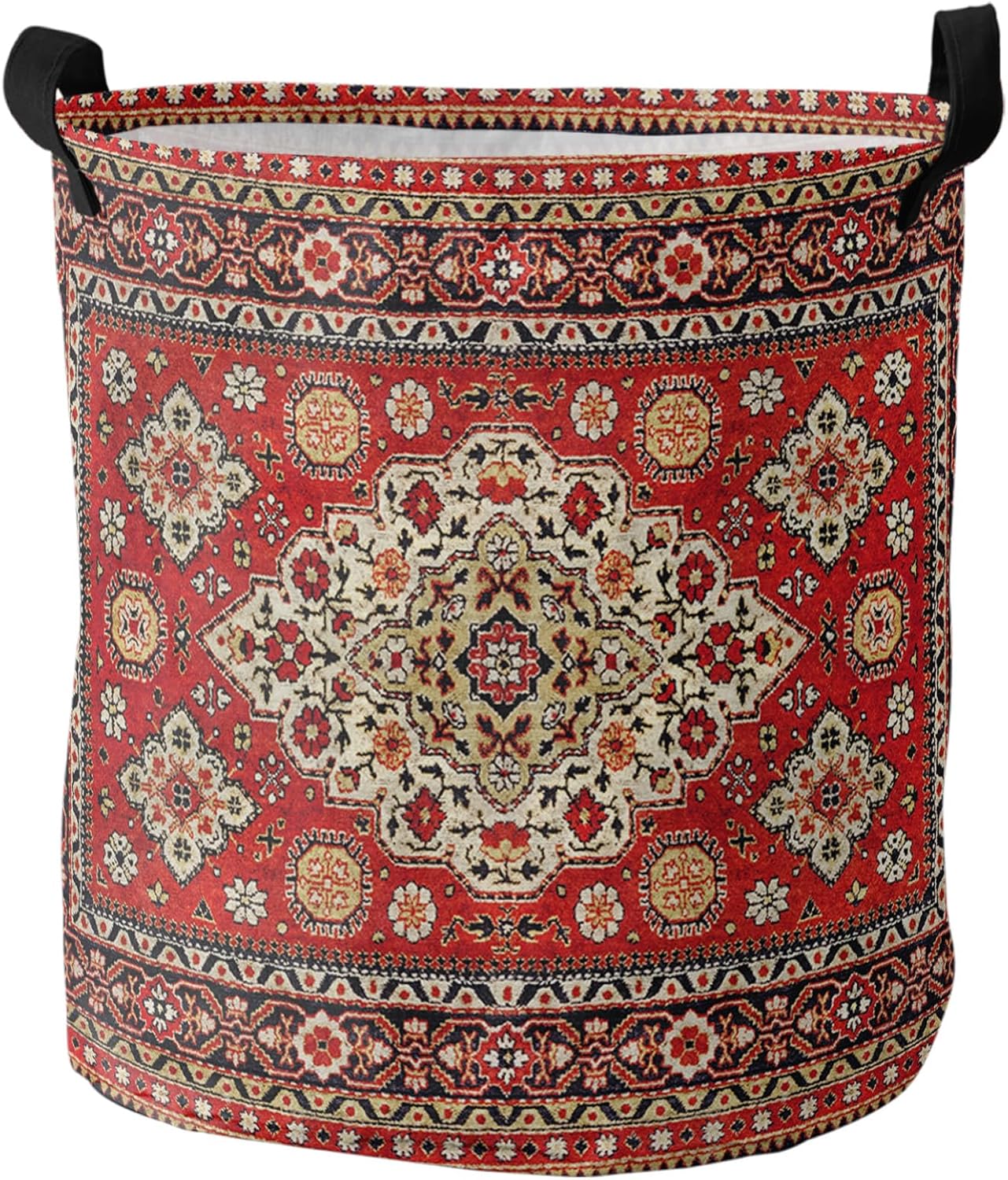 Abstract Retro Boho Laundry Basket,Collapsible Bag with Easy Carry Handles,Large Waterproof Foldable Freestanding Hamper,Red Folding Washing Bin Clothes Storage Round Modern Colorful