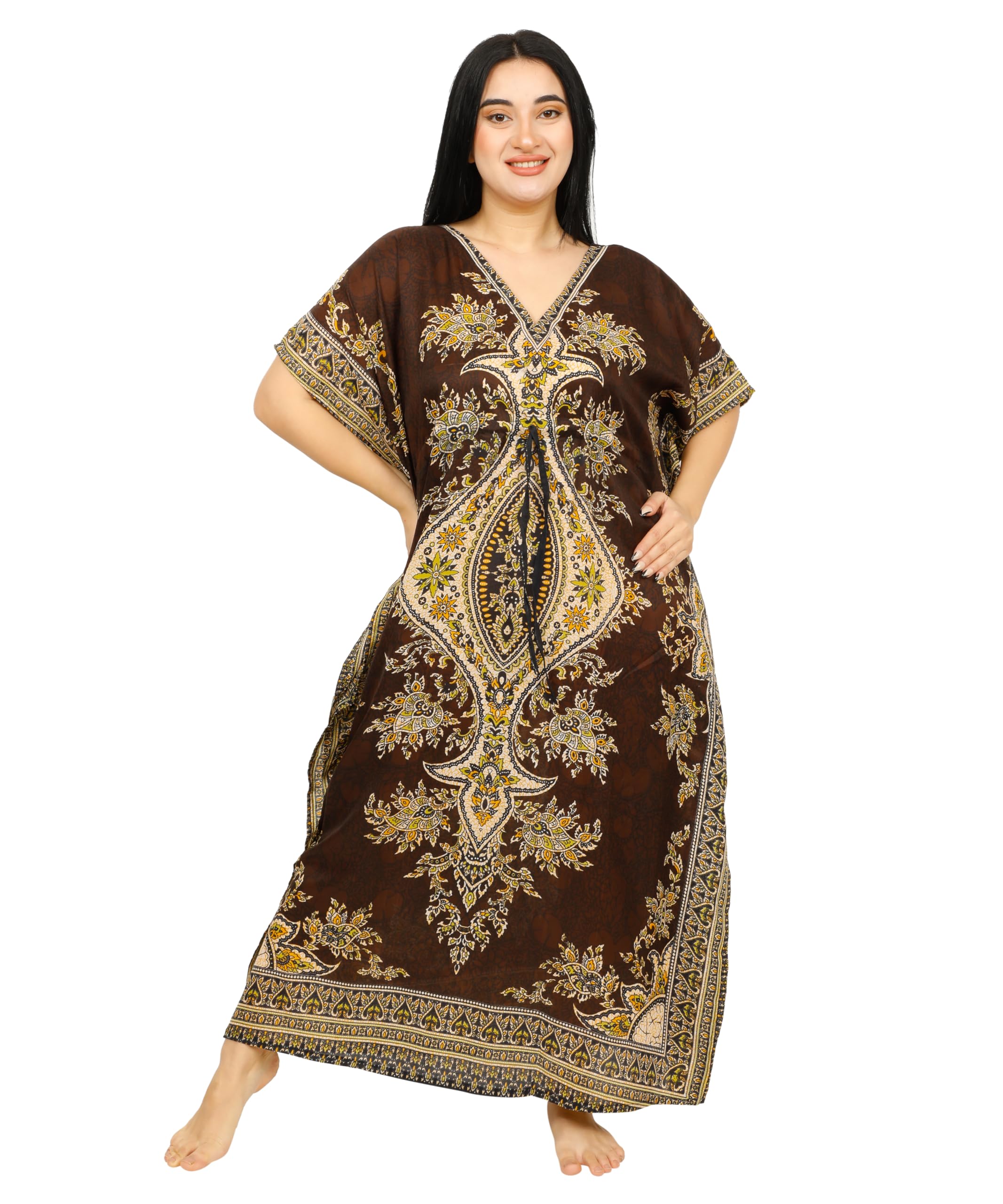 SHYAMVUN Kaftan for Women | Kaftan Dresses Full Length Maxi Dress Free Size | Kimono Style Caftan Tunic for Beach, Holiday, Party, Nightwear & Loungewear | Lightweight Relaxed Fit (Brown)