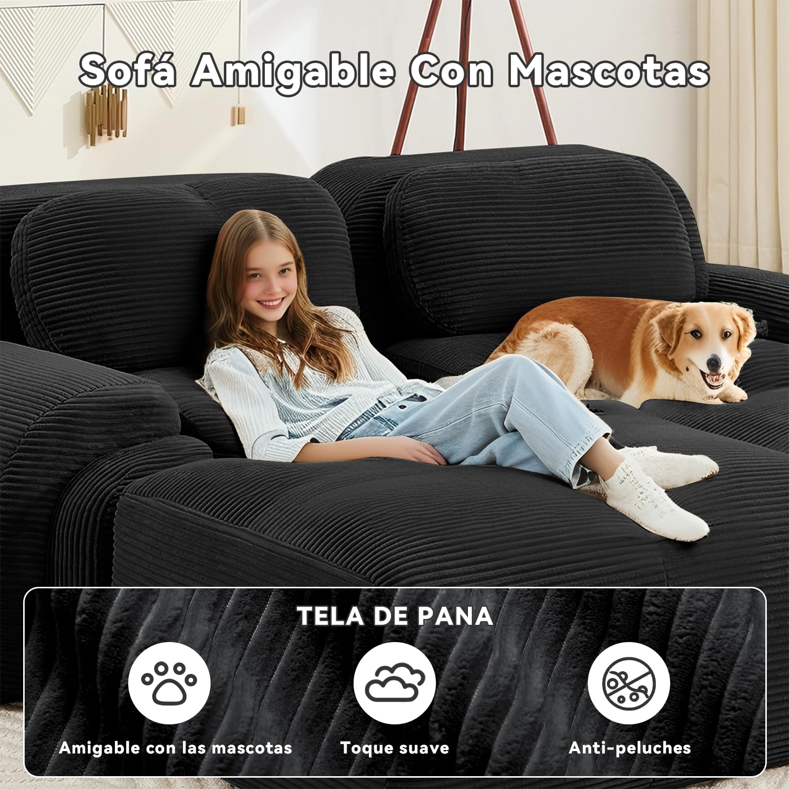SoarFlash Sofá Moderno Modular, Tela côtelé, Asiento Profundo + reposabrazos Anchos, sin Necesidad de ensamblaje, sofá 2 plazas Tipo L, Negro
