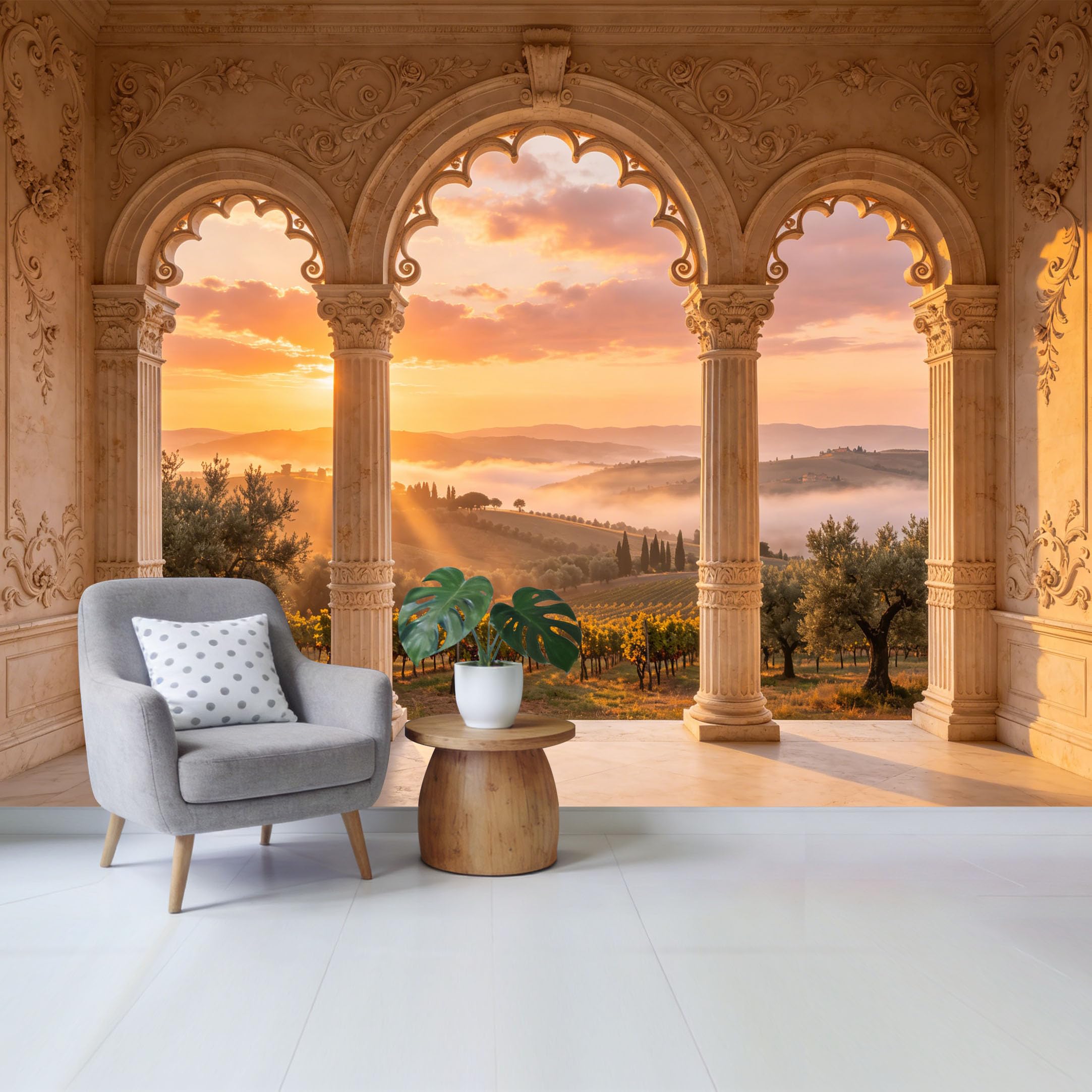 Removable Self Adhesive Fabric Mural， Tuscan Sunset Vineyard Landscape Custom Size Wall Covering， UV Protected Waterproof Washable Wall Decor for Living Room Bedroom Bathroom