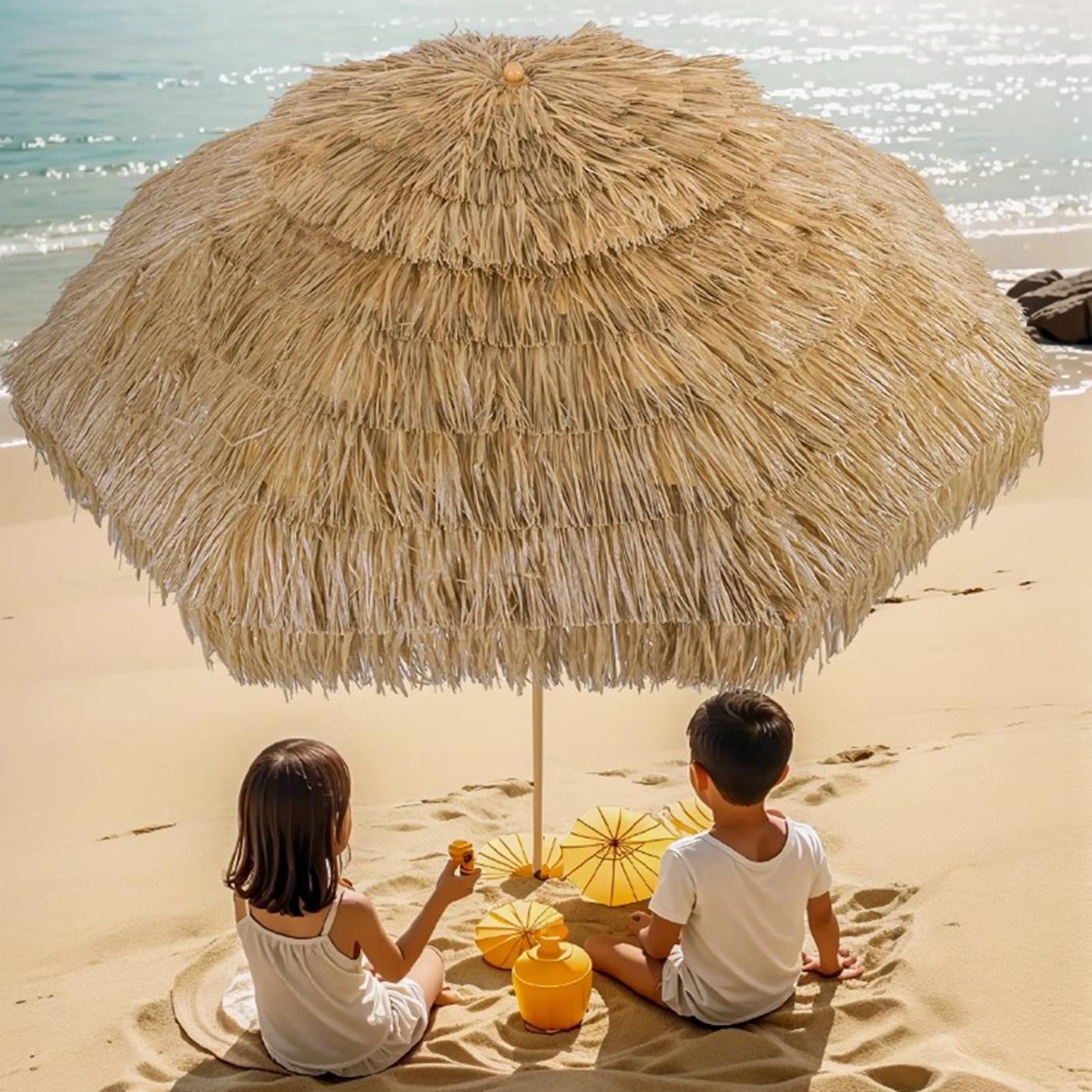 Parasol Tiki 2 Poziomami Strzechy, Parasol Ogrodowy na Hawajach z 8 Żebrami, Składany Parasol Plażowy, Ochrona Przed Słońcem Hydrofobowy