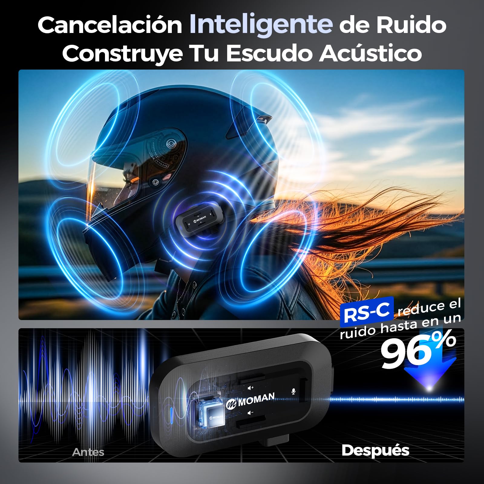 Moman RSC Auriculares Casco Moto, Manos Libres Moto Asistente de Voz Auriculares Inalámbricos HiFi Estéreo Micrófonos Duales Reducción de Ruido 1000mAh/IPX6 Impermeable/Botón Apto para Guantes