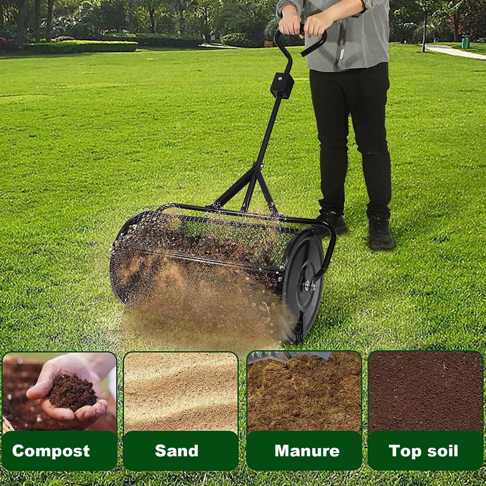 Épandeurs de pelouse et de jardin, épandeur à poussée à panier en maille métallique de 24 pouces, mousse de tourbe de compost, terre végétale, paillis, épandeurs de fumier de jardin polyvalents et l