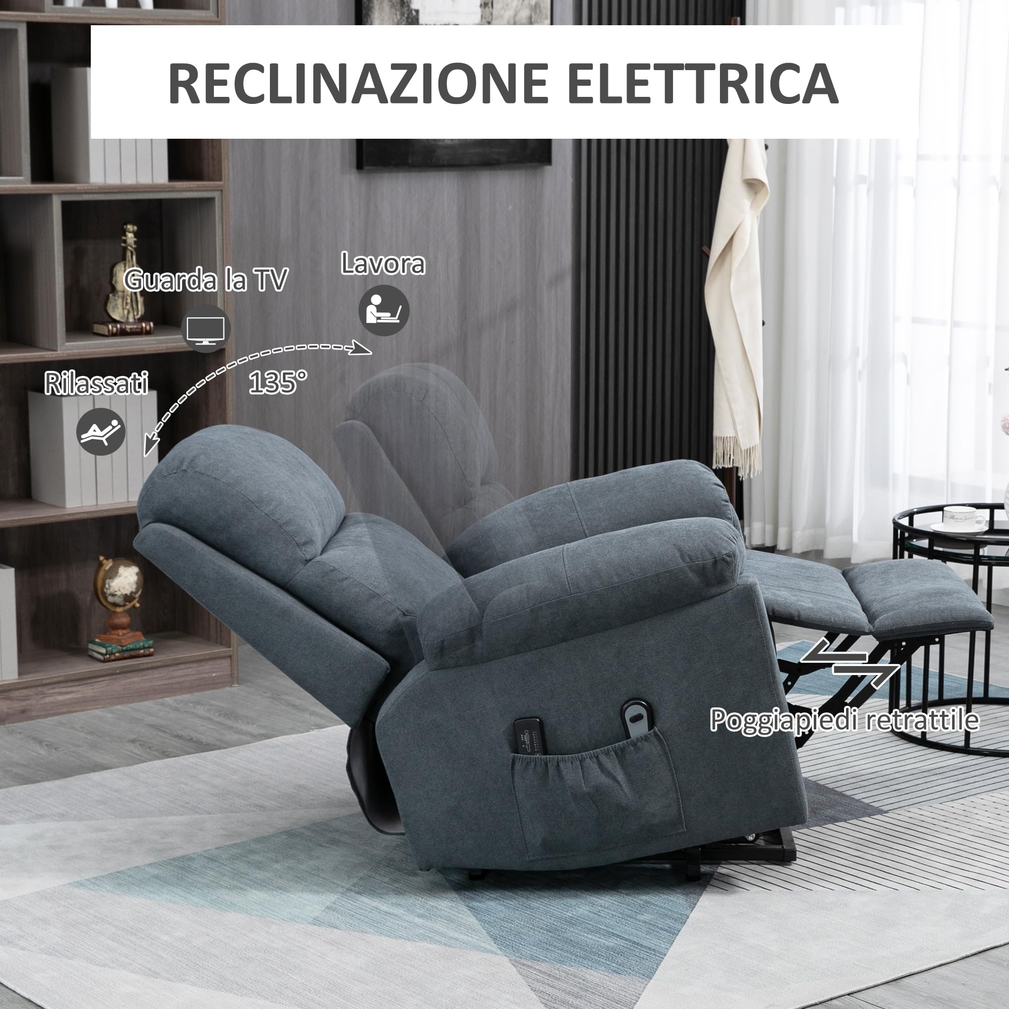 HOMCOM Poltrona Elettrica Alzapersona Reclinabile 135°, Poltrona Relax Elettrica in Tessuto Effetto Lino con 8 Punti Massaggio, Telecomandi, Poggiapiedi, 2 Tasche Laterali per Soggiorno, Grigio