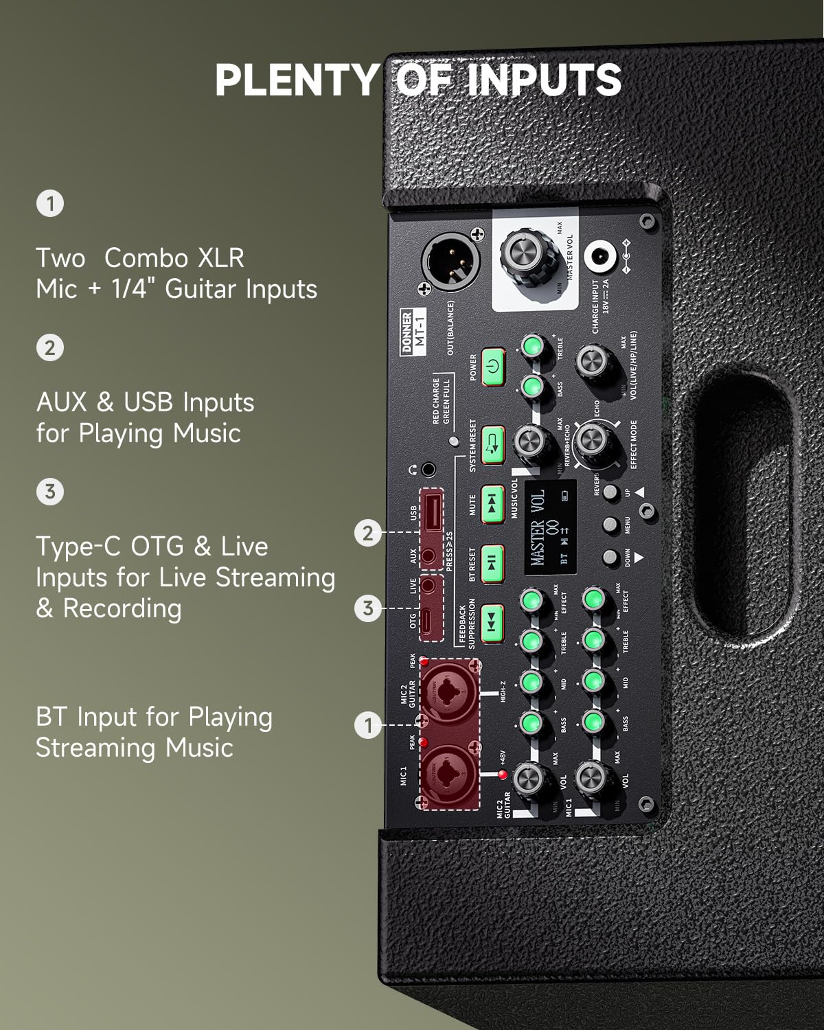 Donner MT-1 Portable PA System, 300W Wireless BT Speaker Sound Amplifier, 4-6h Outdoor Use, with Two 2.5" Trebles, 8" Woofer, Support TRS 6.35/USB/AUX/Mic Inputs