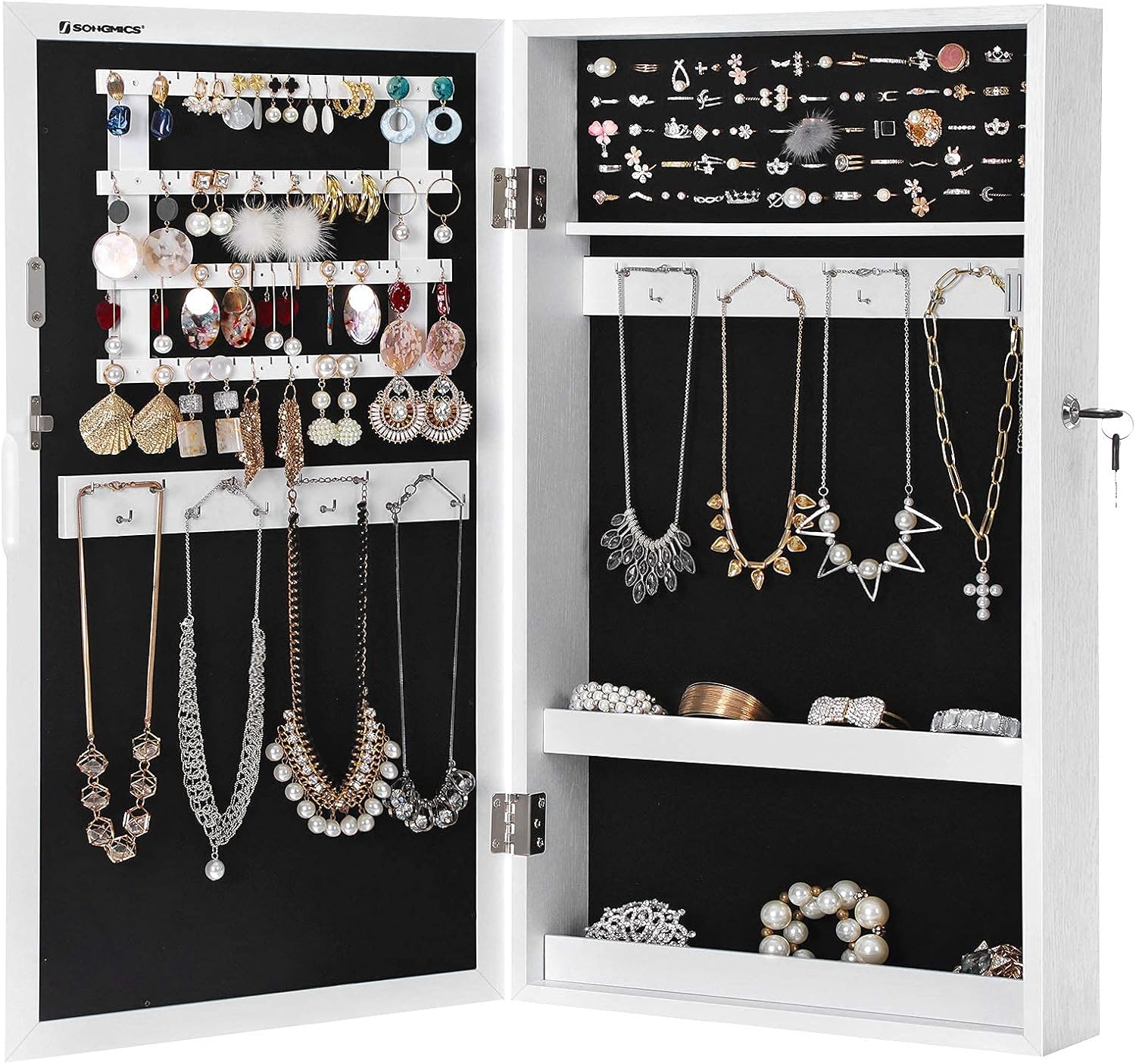SONGMICS Lockable Jewelry Cabinet Armoire with Mirror, Wall-Mounted Space Saving Jewelry Storage Organizer, White UJJC51WT : Clothing, Shoes & Jewelry