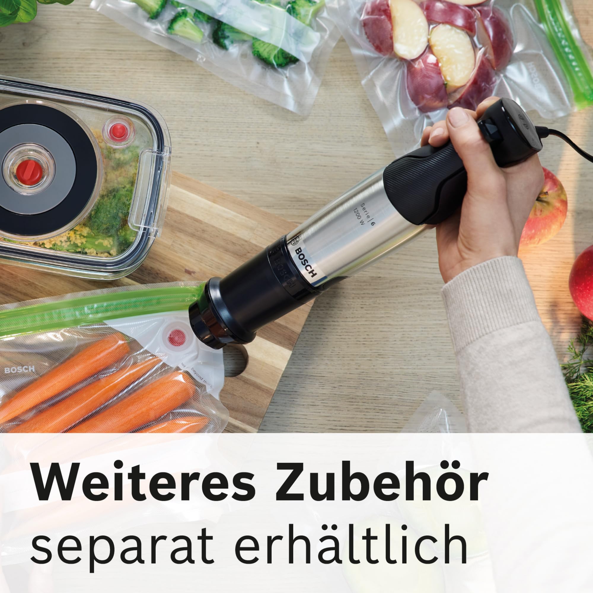 Bosch Stabmixer ErgoMaster Serie 6, 4 Edelstahl-Klingen, einhändig bedienbar, verschleißfreie Keramik-Kupplung, langlebig, Luftkühlung, Zerkleinerer, Kartoffelstampfer, Schneebesen, 1000 W, MSM6M673
