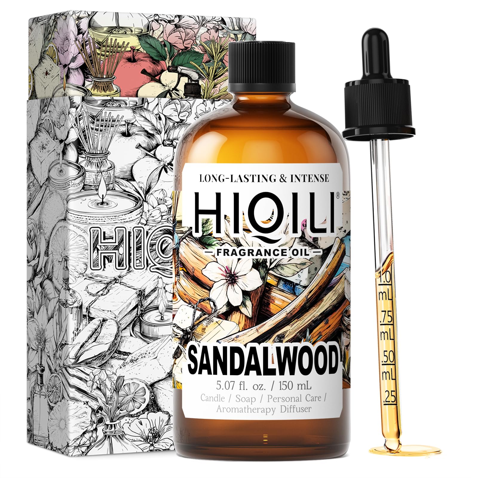 HIQILI Sandalwood Fragrance Oil for Home Diffuser, Luxury Hotel Scent, Perfect for DIY Candle & Soap Making, Add to Body Lotion - 5.07 Fl Oz