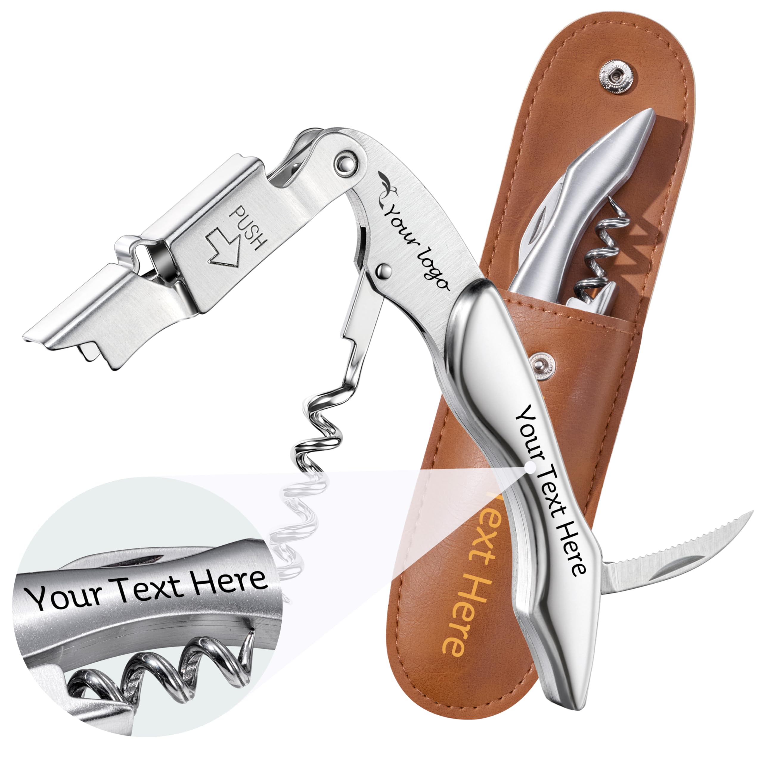Fanery Sue Sacacorchos de Sommelier con Grabado Personalizado - Abridor de Vino 3 en 1 Acero Inoxidable, Incluye Cortaúltimos y Abrebotellas - Regalo para Camareros, Barmans y Uso Doméstico