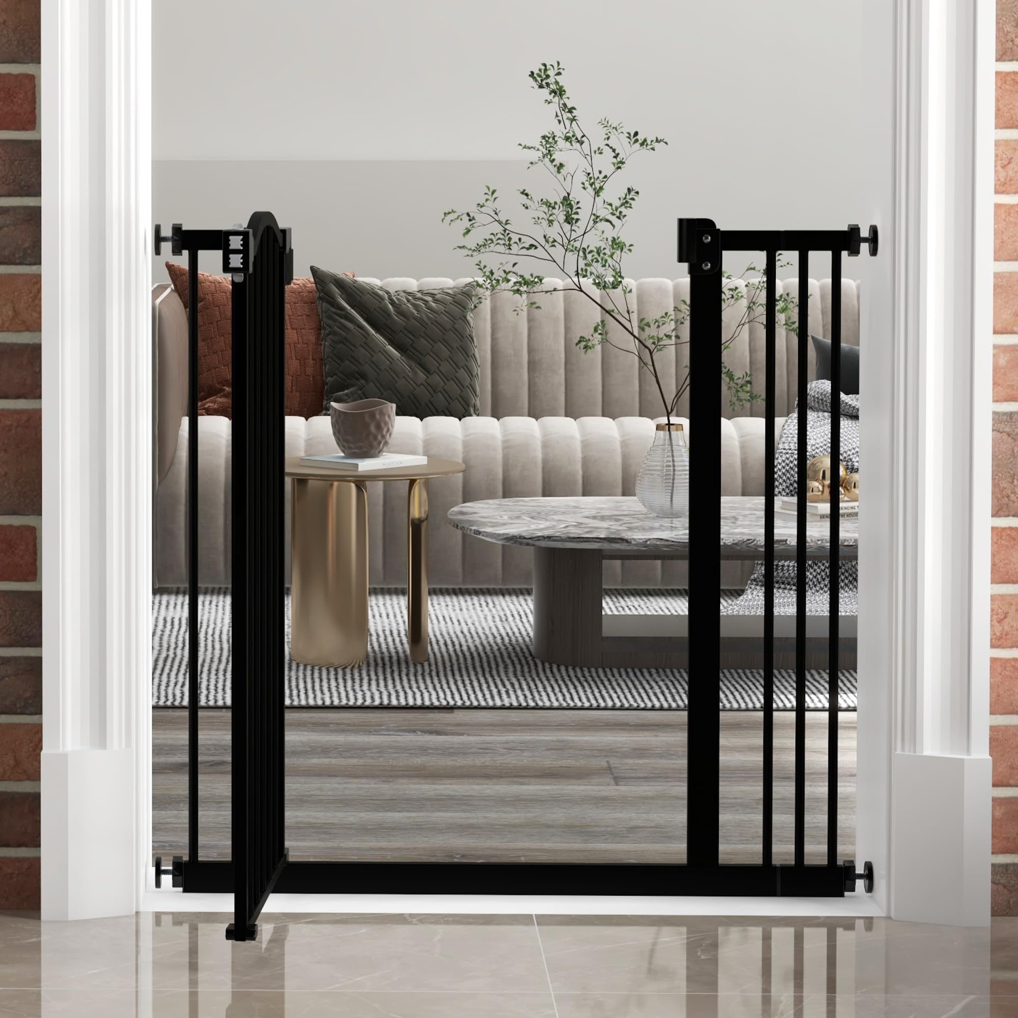PawHut Barrera de Seguridad para Perros Extensible 74-87 cm, para Puertas y Escaleras, Barrera para Perros con Extensión 7 cm, Montaje a Presión y Doble Bloqueo, Negro
