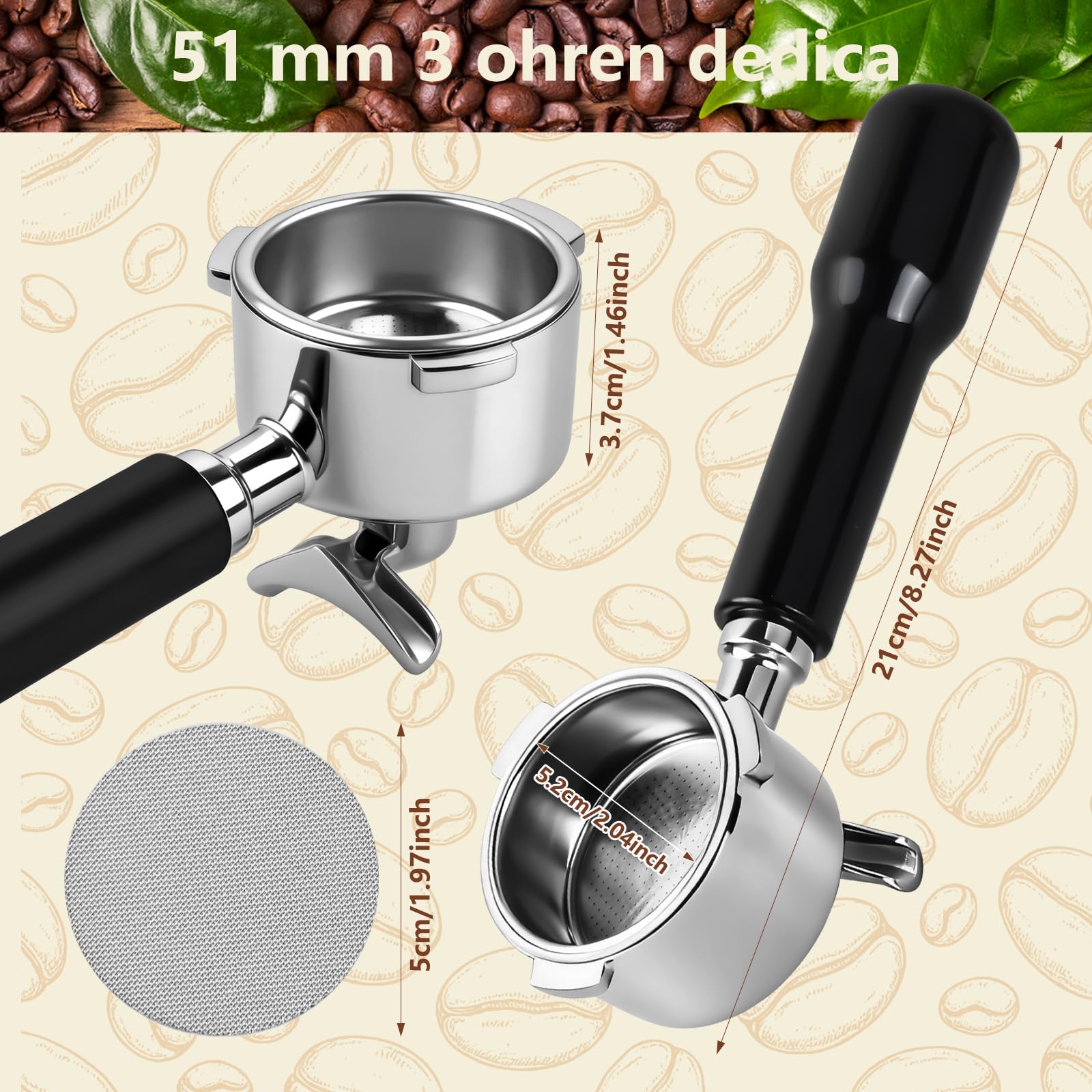 Portafiltro 51 mm con 3 Orejas y Doble Caño Compatible con DeLonghi Dedica EC680/EC685/EC885 – Acero Inoxidable 304 y Mango ABS, Fácil de Limpiar (Negro)