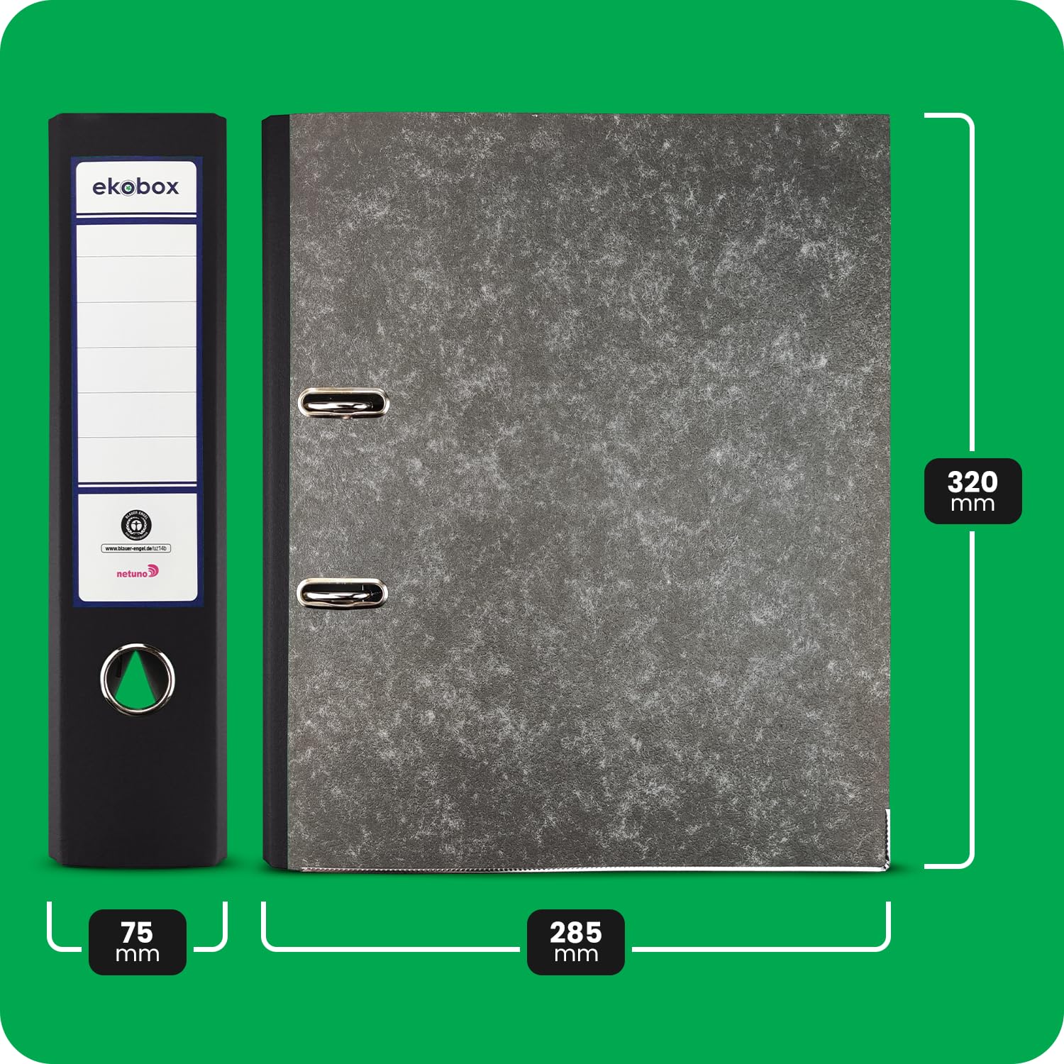 Netuno 20 Classeurs Ekobox à Anneau avec Rabat Noir Marbré A4 en Carton pour Bureau - Classeur de Rangement de Documents avec Rabat de 75 mm, Épaisseur de 3 Pouces, Fente pour Étiquette, Trou pour Le