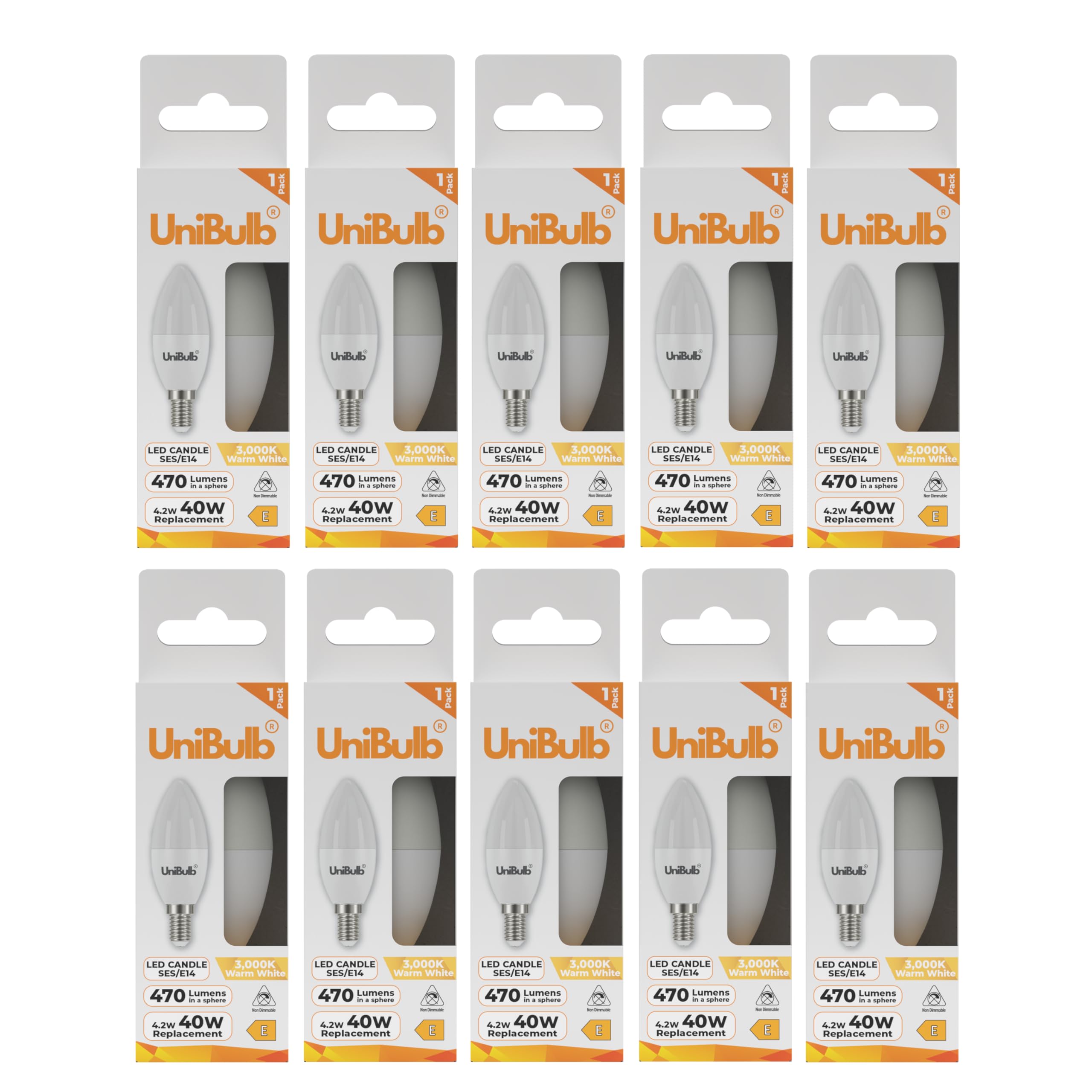 Unibulb E14 SES LED Candle Bulbs, 470 Lumens, Warm White 2700K, 4.2W, Replaces 40W, 25yr Lifespan (10)