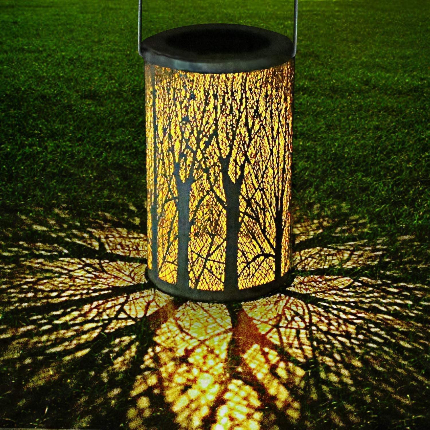 Solar Light, Outdoor Solar Lantern, Decorative Metal Chandelier Night Light, LED Hanging Lanterns Solar Powered with Handle, Pattern Projection Lamp for Garden Yard Lawn Decor