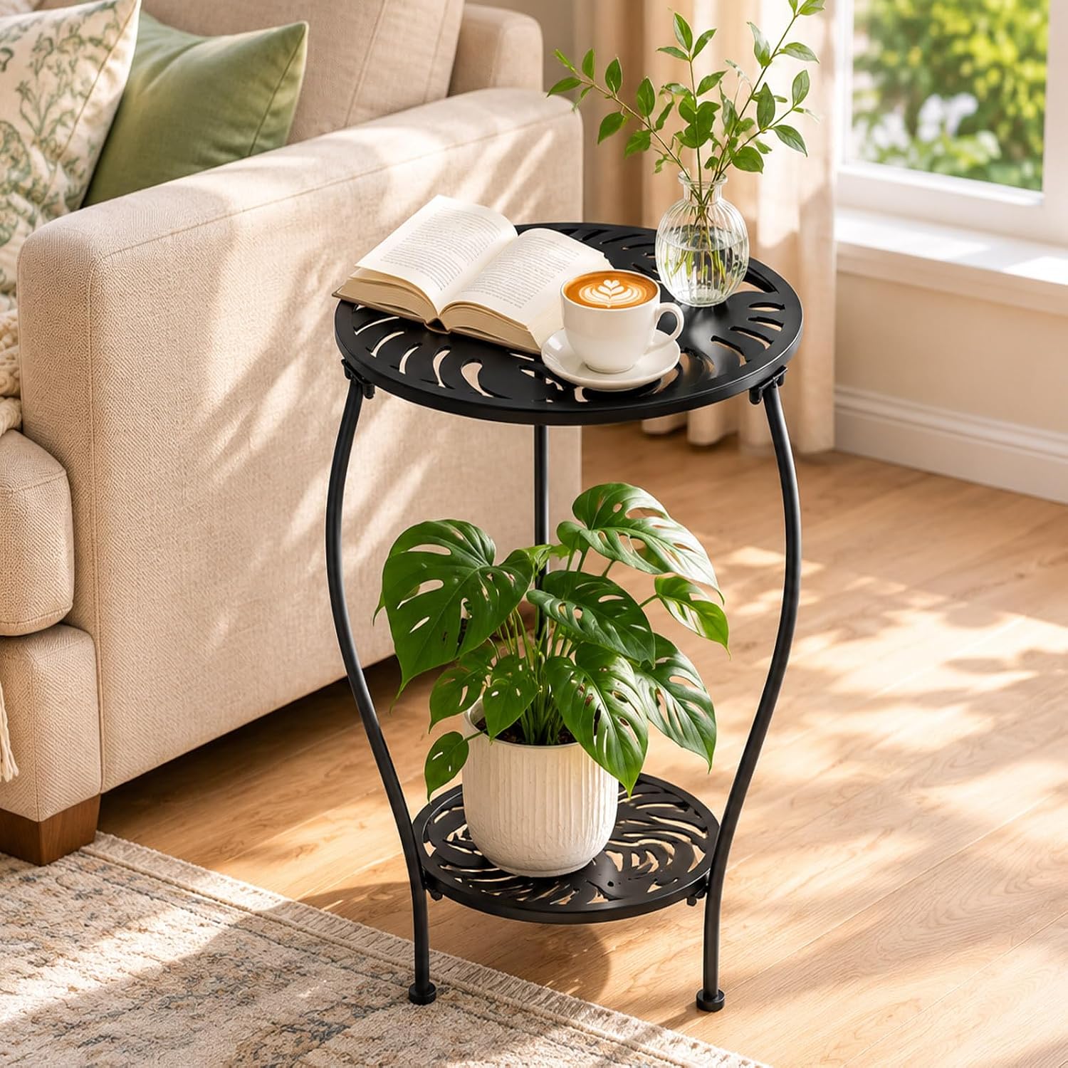 1 Pack 13 Inch Metal Round Side Tables Two-tiered Small Black Outside End Table for Patio Round Accent Garden Corner Stand for Small Spaces Weather-resistant Outdoor Coffee Table for Balcony
