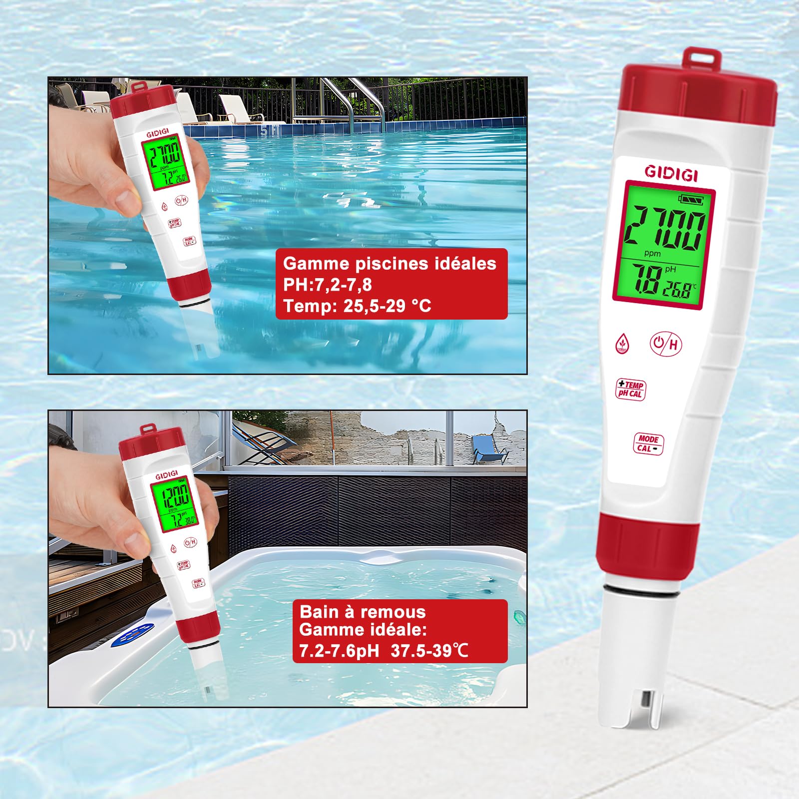 pH-mètre pour l'eau, 4 en 1 Testeur de pH et ppm,Affichage simultané du TDS, du pH, de la CE(conductivité) et de la température pour l'hydroponie, les piscines, les spas et l'eau domestique