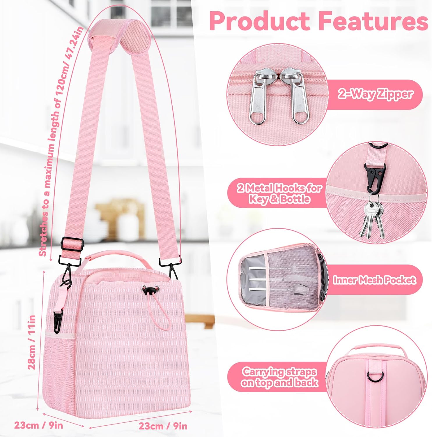 SelfTek Insulated Lunch Bag for Women with Adjustable Shoulder Strap - Compatible with 30/40 OZ Stanley Cups, Leakproof Cooler Lunch Tote Bag for Office, Work, Travel, Picnic (Pink)