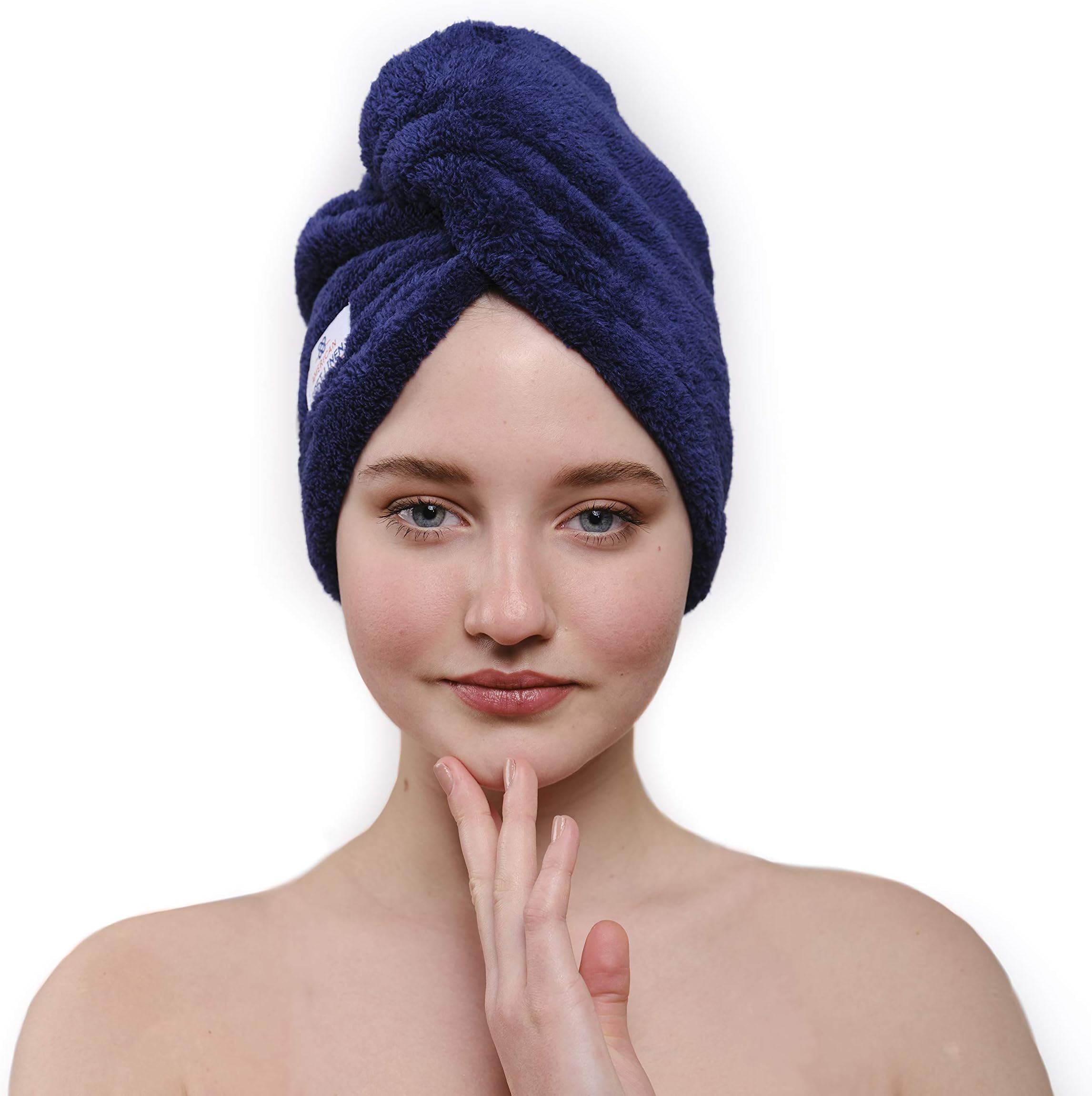 American Soft LinenNon Microfiber Hair Towels for Women, Head Towel Cap, Hair Turban Towel Wrap for Long Curly Anti Frizz Hair, 2 Pack, Navy Blue