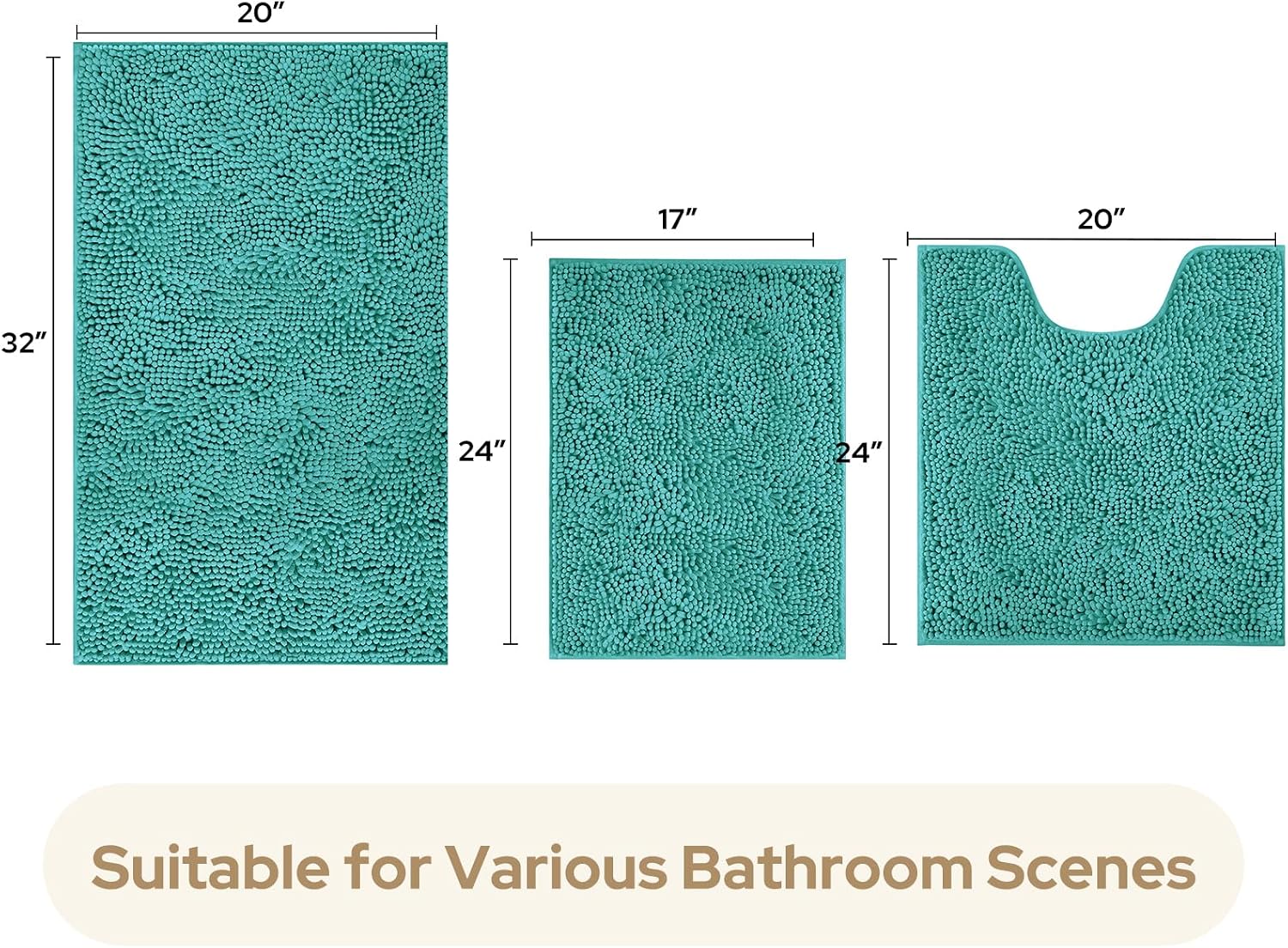 HOMEIDEAS Teal Chenille Bathroom Rugs Set of 3, Non Slip Bath Mat image 3