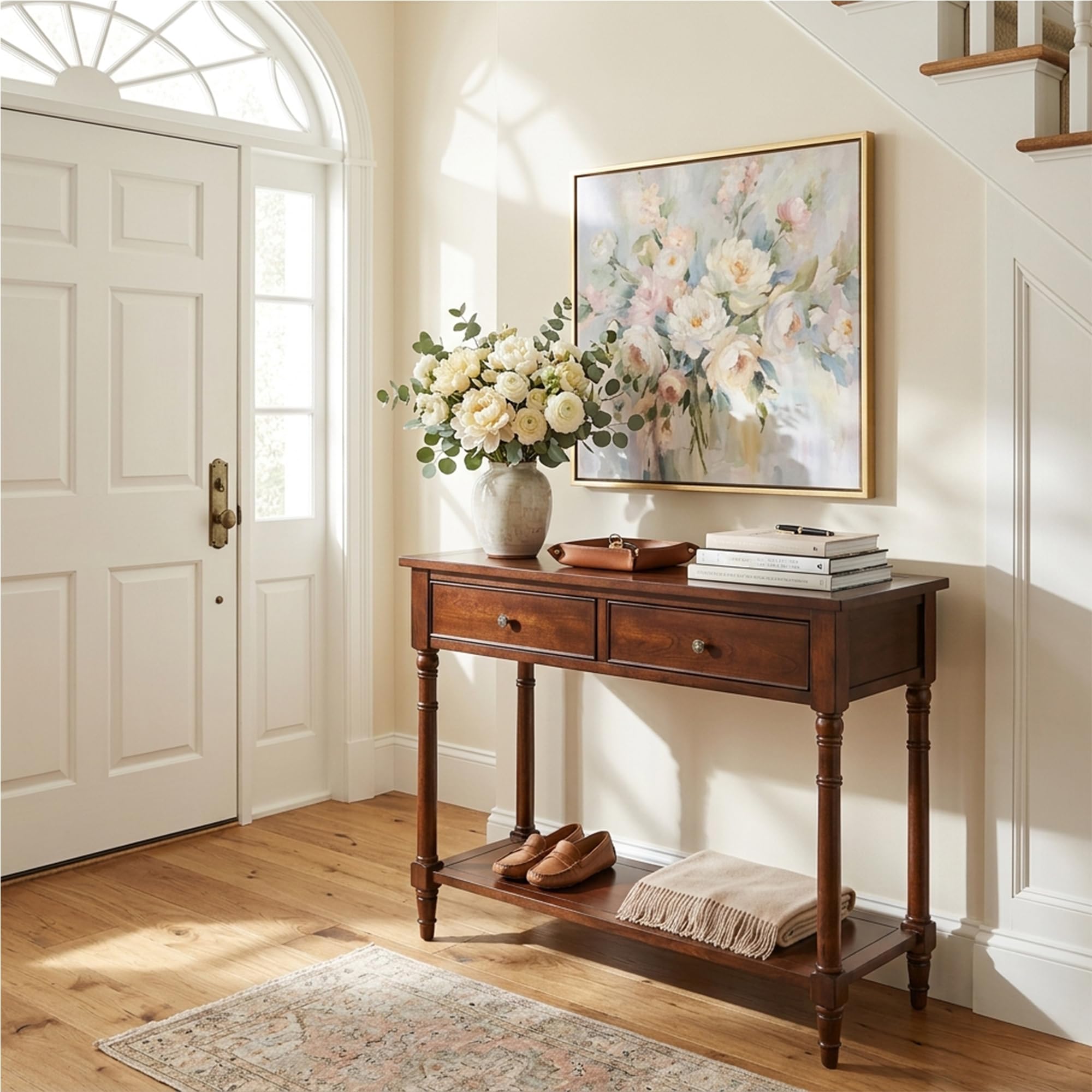 Konsolentisch, Wohnzimmer-Beistelltisch mit 2 Schubladen Robust und Stabil, für Wohnzimmer, Flur, Balkon usw, 90 x 35 x 76.5 cm (B/T/H) (Braun)
