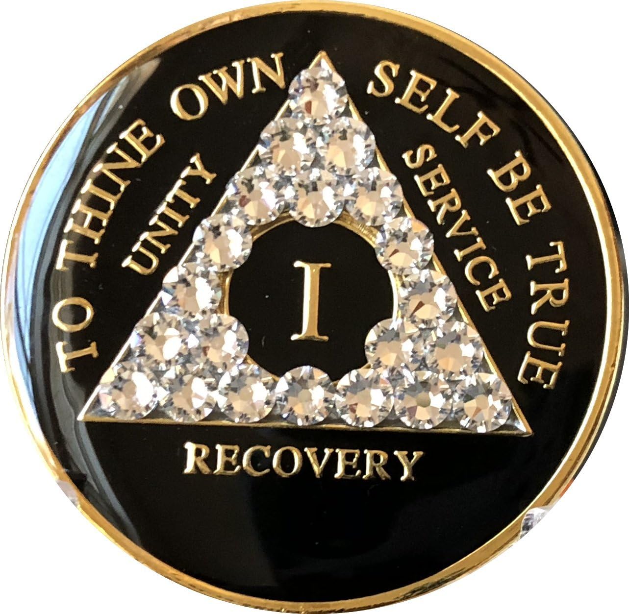 1 Year AA Medallion Black Tri-Plate Color Crystal Diamond Like Sobriety Chip