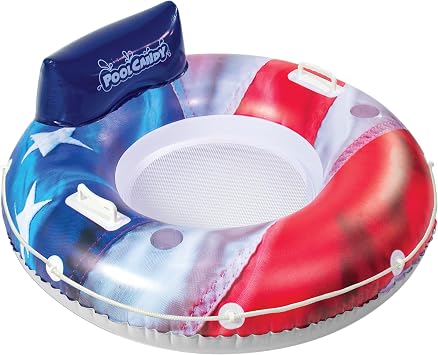 PoolCandy Stars & Stripes River Tube 48" Heavy Duty Inflatable Float for Adults with Backrest, Mesh Seat, Cup Holder & Grab Rope Patriotic USA Lazy River & Lake Float