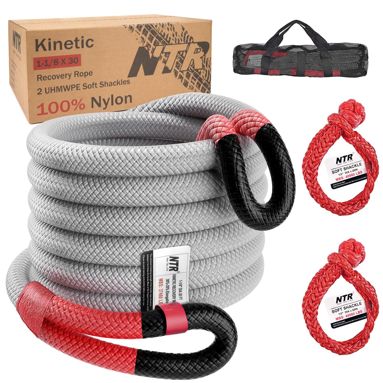 NTR 1-1/8" x 30' Kinetic Recovery Tow Rope (32,000lbs), with 2 UHMWPE Soft Shackles (32,000lbs), Heavy-Duty Offroad Snatch Strap, Vehicle Recovery kit for Jeep car Truck ATV UTV SUV
