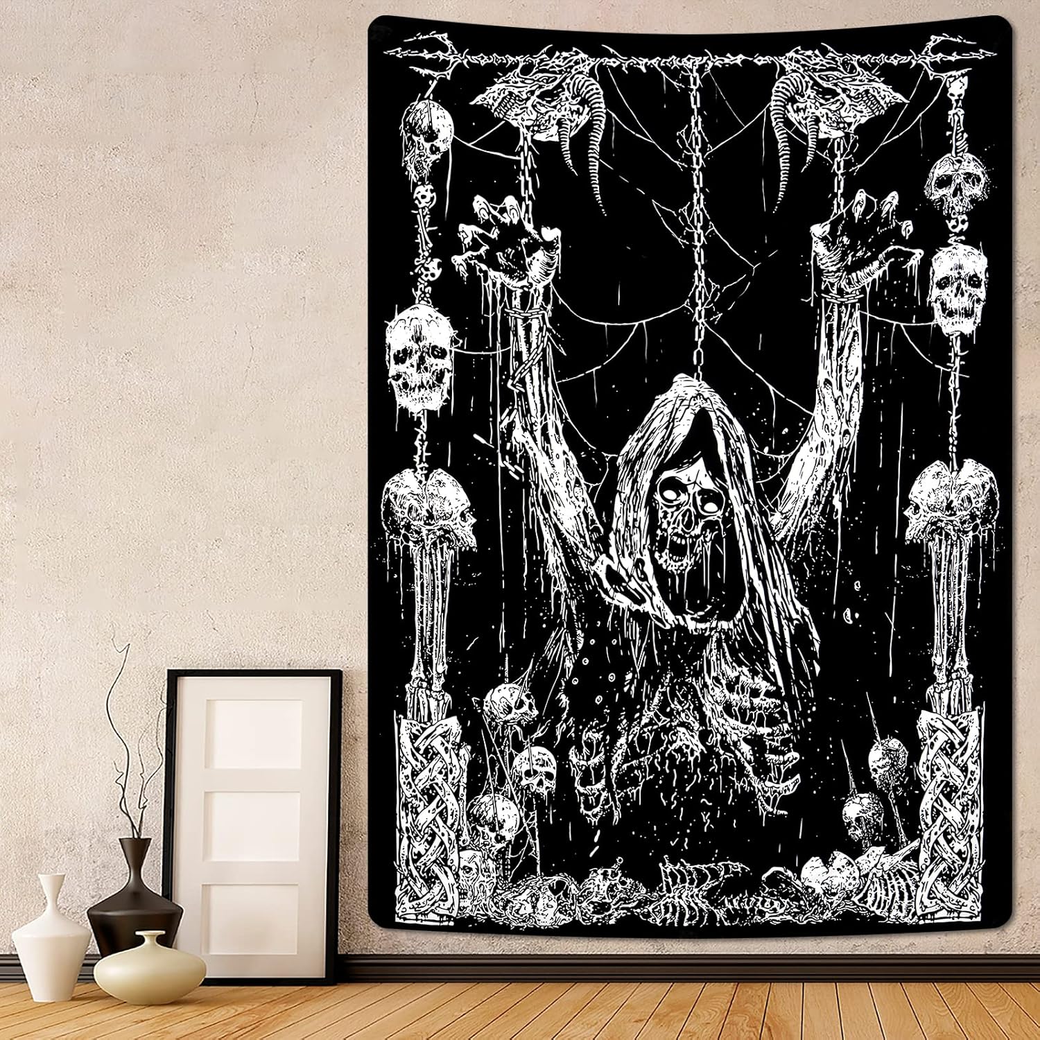Uspring Skull Tapestry Black and White Tapestry Trippy