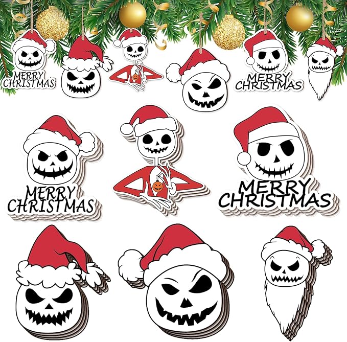 Bucherry 24 Pcs Scary Christmas Tree Hanging Ornaments Hanging Skull Heads Santa Hat 2.75 Inch Spooky Skeleton Head Christmas Tree Ornament Christmas Tree Decoration for Holiday Party