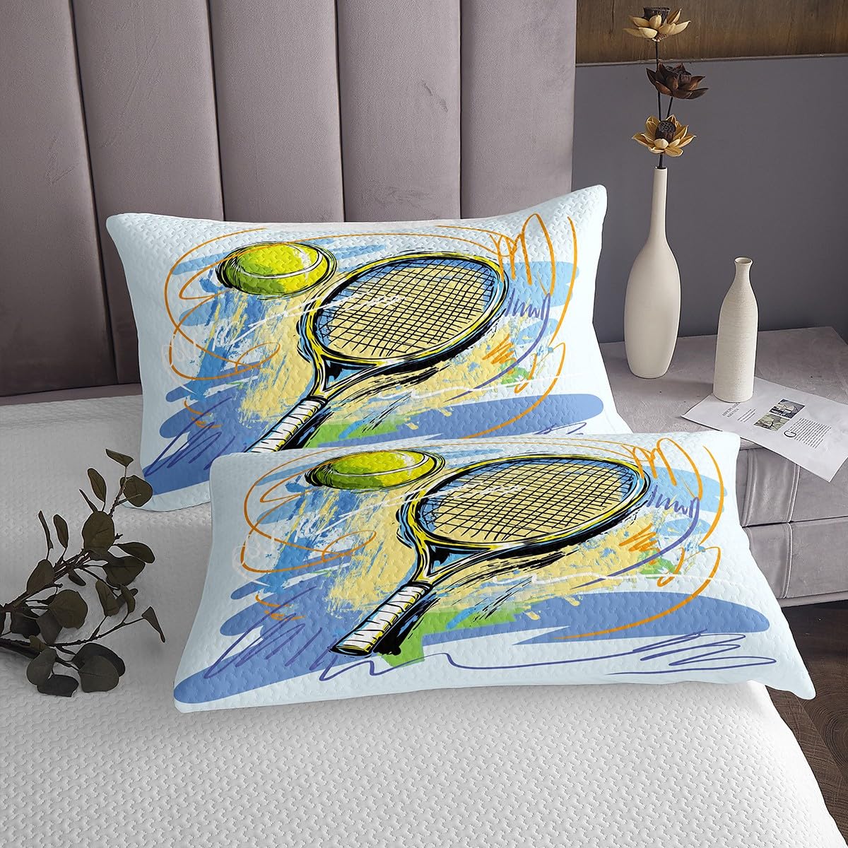 Set di biancheria da letto con copriletto sportivo da tennis, per letto matrimoniale, motivo acquerello e graffiti, set di biancheria da letto con 2 federe