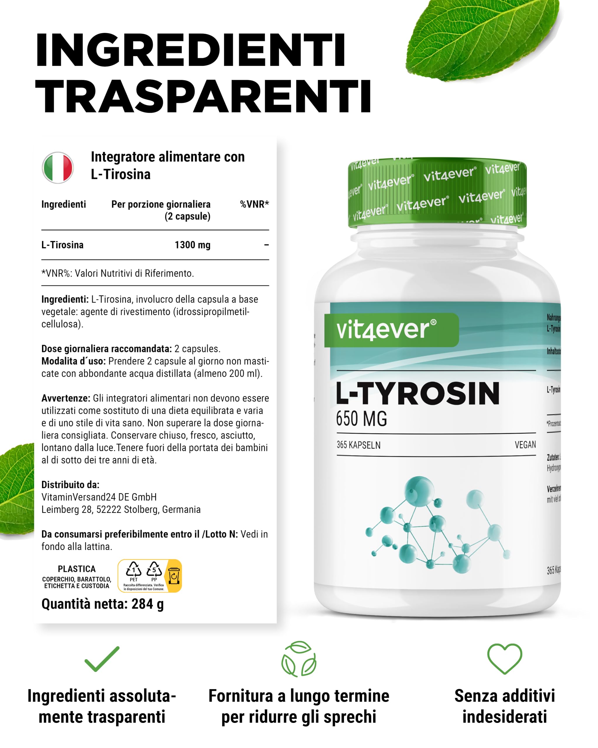 L-Tirosina - 365 capsule vegane - Dose extra-elevata con 1300 mg per dose giornaliera - Amminoacido puro da fermentazione vegetale - Vegano - Altamente dosato