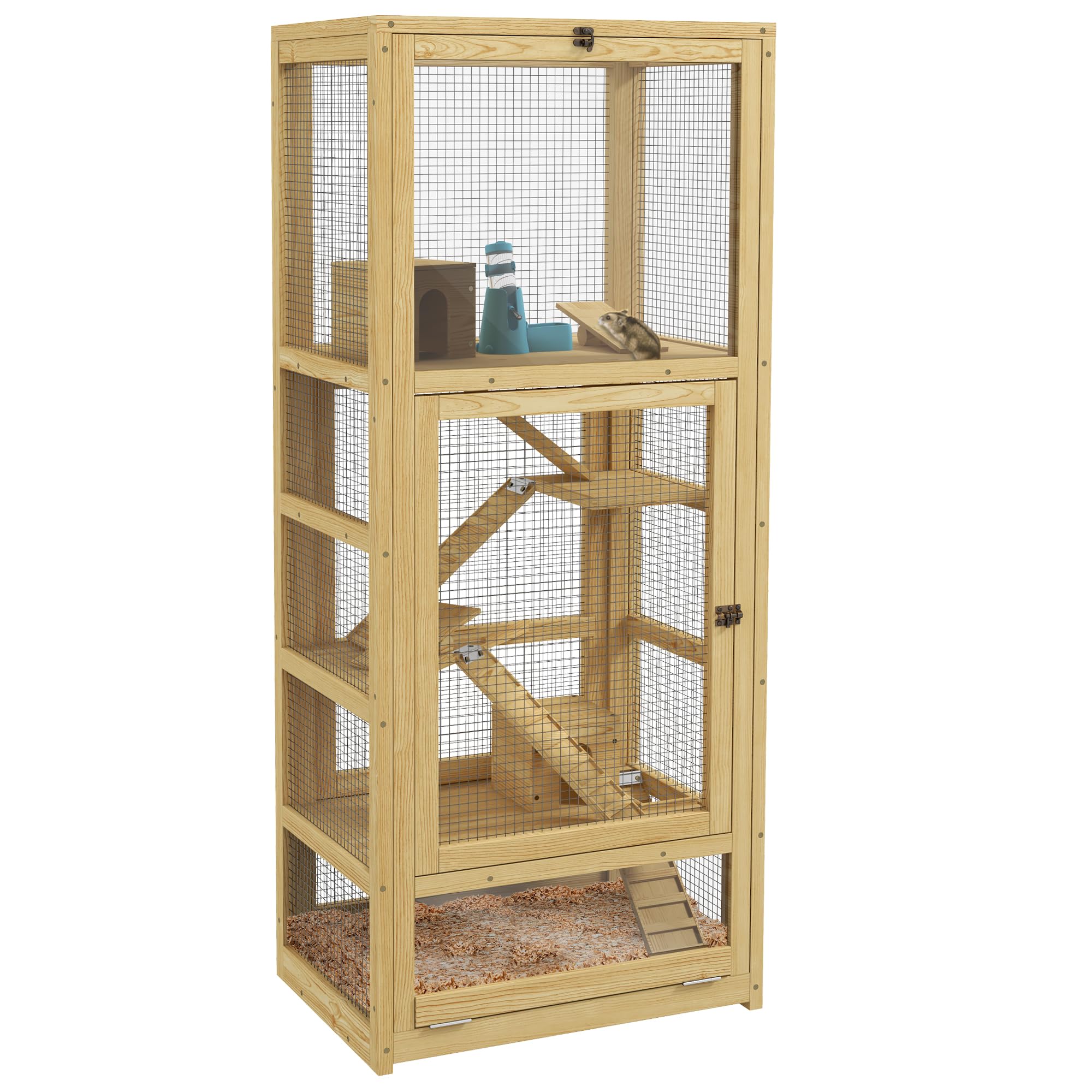 PawHut Gabbia per criceti o topi, piccoli animali in legno, 5 livelli con scala, nicchia, altalena, vassoio rimovibile, abbeveratoio, 54 x 38 x 131 cm, naturale