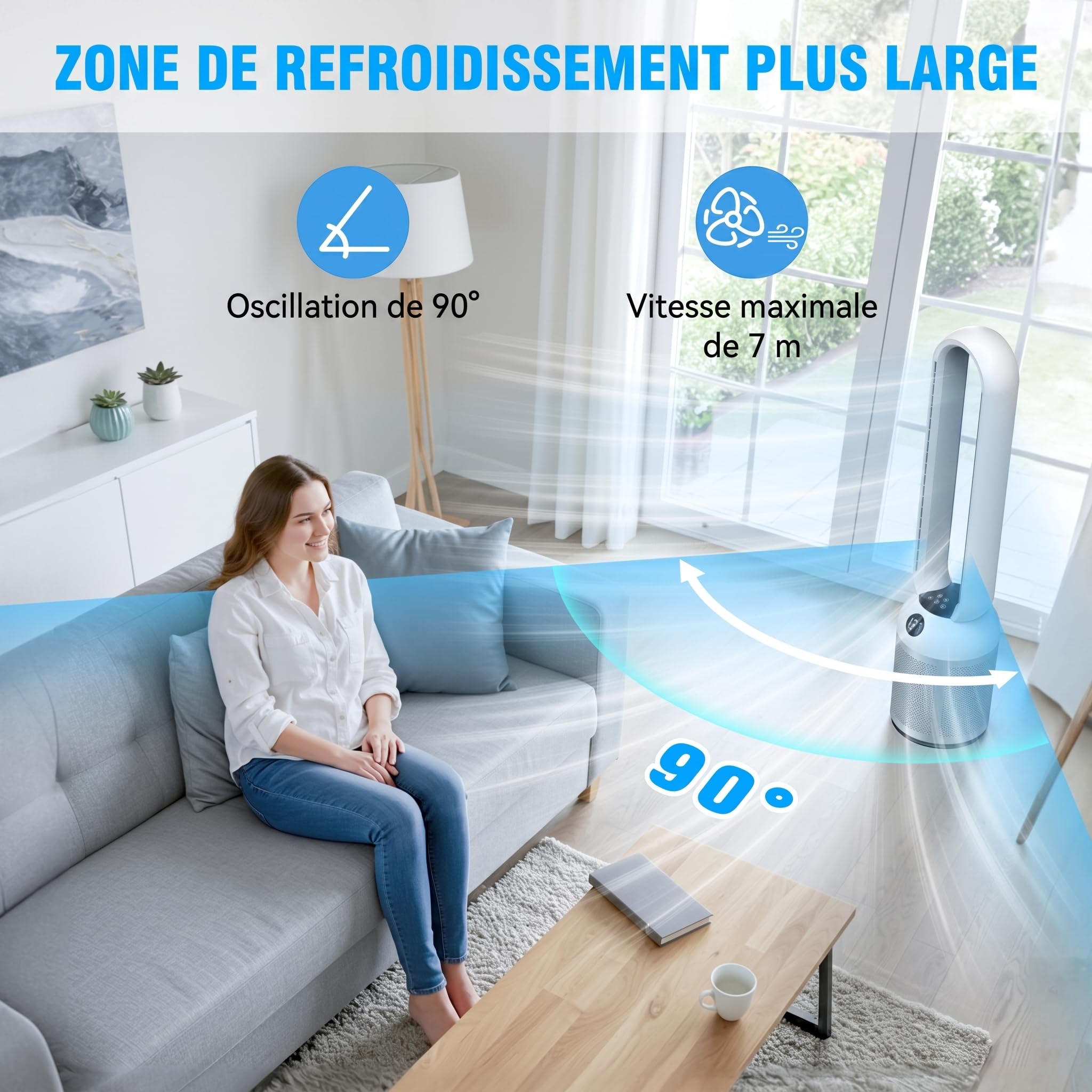 YAZEKY Ventilateur Colonne Sans Pale 101 cm, 24 Vitesses Ventilateur Tour Silencieux, Ventilateur de Sol Oscillant à 90, Écran LCD, Minuterie De 12H, Ventilateur Sur Pied Pour Chambre& Bureau (Argent)