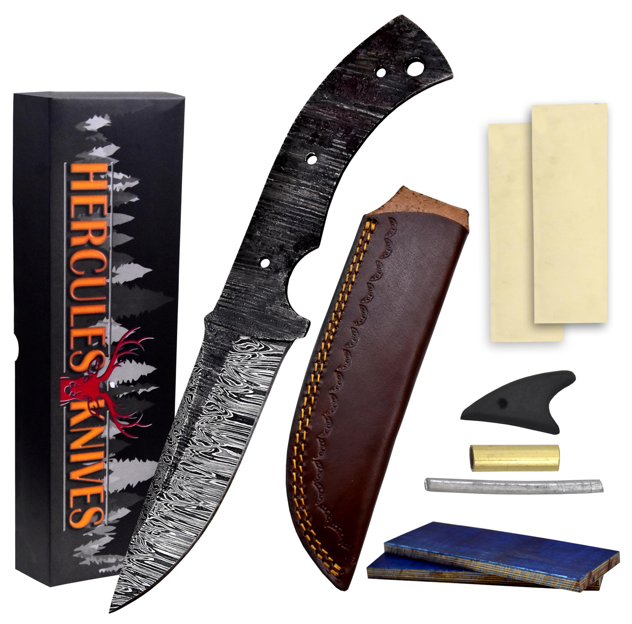 Custom Hand Forged Damascus Steel Blank Blade Knife Making Kit Hunting Knife Leather sheath, Pin, Scale, Camping Blade Damascus Blade Billet Handmade Knife Making Supply (BK-K)