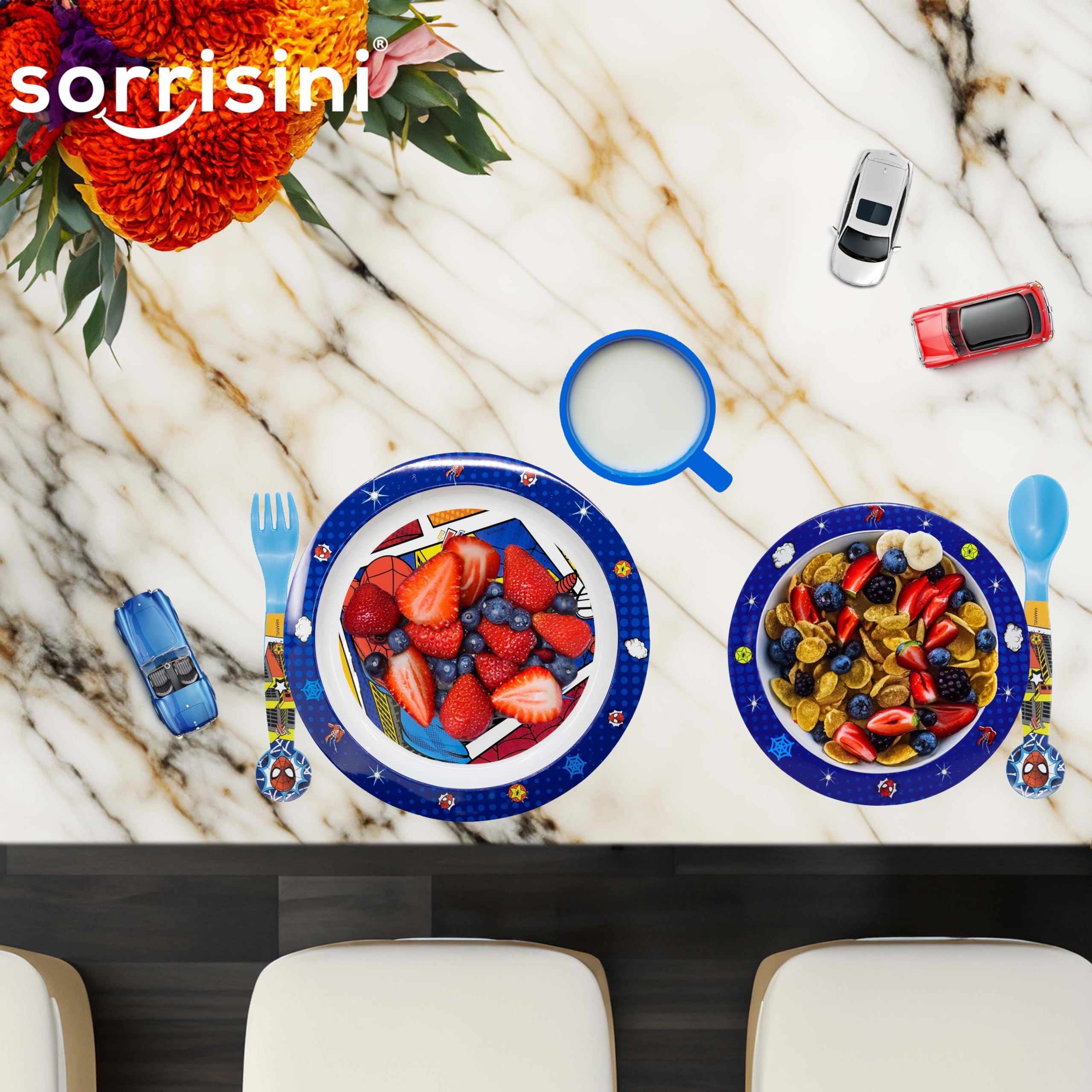 Set Piatti Bambini, Set pappa, Stoviglie bambini riutilizzabile per asilo, scoula, piatto, ciotola, posate, tazza 350ml, Set piatti in plastica dura, Spiderman