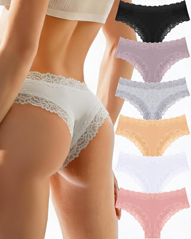 Ropa interior de algodón FINTOO para mujer Pack de 6 bombacha de encaje sexy descaradas de talle bajo | Braguitas brasileñas,transpirables, de talle bajo,cómodas,entre los estilos de tanga y bikini,regalo para ella,romántica noche de cita