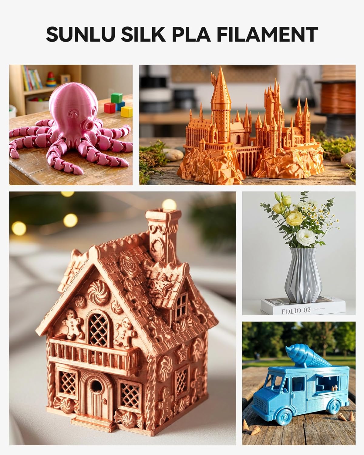 SUNLU Silk Pla Plus Filament 4kg Bundle,Shiny Silk Surface Pla+ 3D Printer Filament 1.75mm ±0.02mm,Glossy 3D Printing Filament,Good Vacuum Packaging,1kg Spool,4 Packs.(Pink+Purple+Green+Yellow) - Image 9