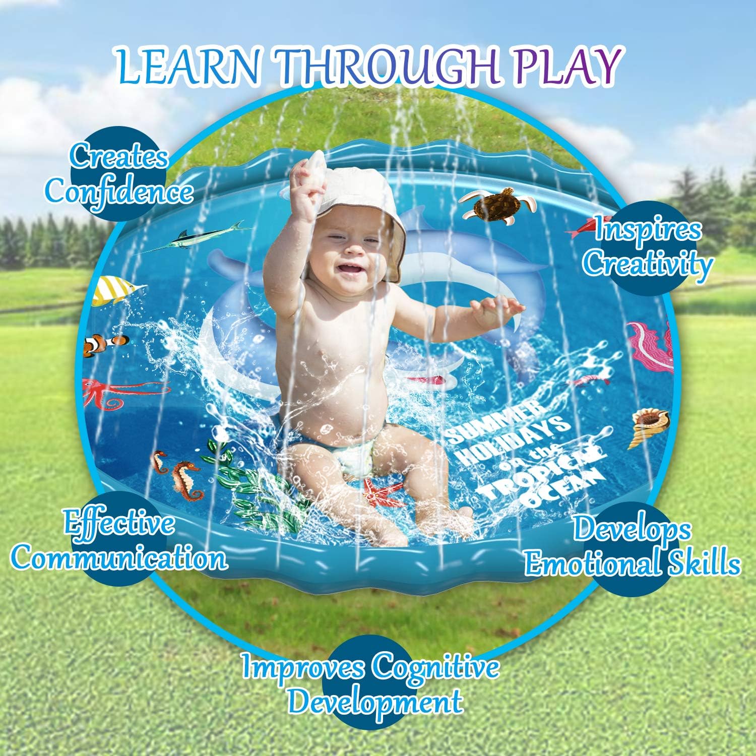 Abida Splash Pad, 67" Size Outside Sprinkler Play Mat for Kids, Extra Large Party Infant Wading Pool Fun Summer Outdoor Water Toys for 3-12 Years Old Baby and Toddler Girls and Boys