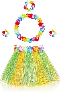 Fortuning's JDS Girl's Hawaiian Hula Grass Skirt Matching Elastic Flowers Kids Costume Set for Luau Tropical Beach Party - Buy now