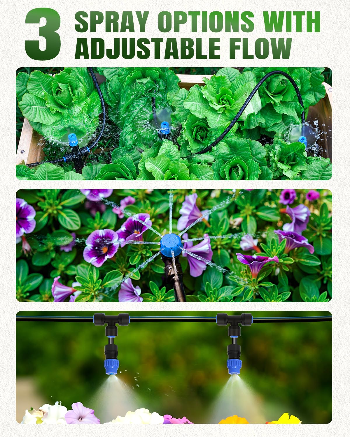 Breeze Touch Système d'irrigation goutte à goutte de 70 m pour jardin, pièces d'irrigation goutte à goutte avec 3 types d'arroseurs, système d'arrosage automatique pour terrasse et pelouse, système
