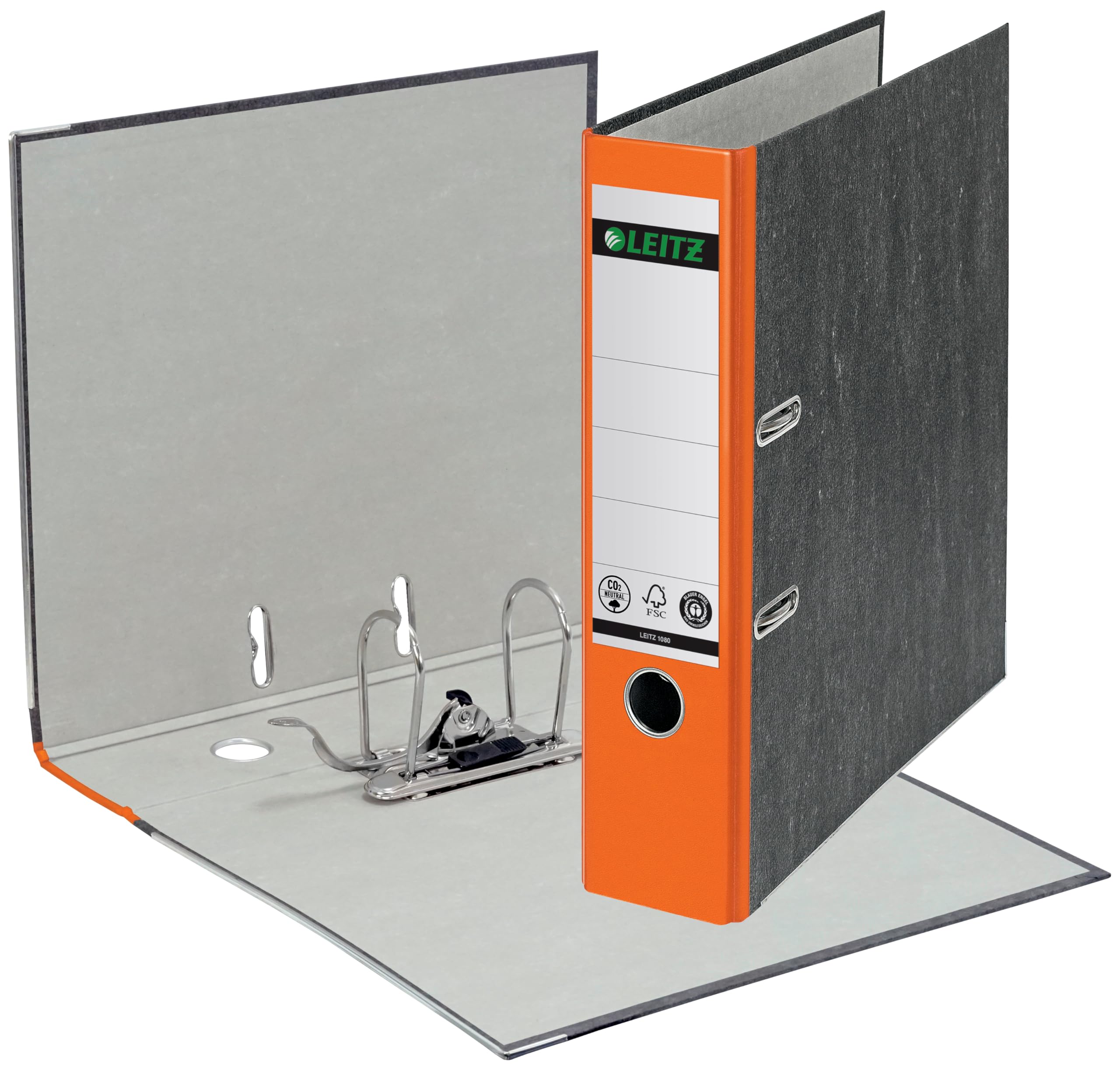 Leitz Qualitäts-Ordner 180°, 20er Pack, A4, klimaneutral, 100% recycelter Karton, 8 cm Rückenbreite, Wolkenmarmor-Papier (Orange)
