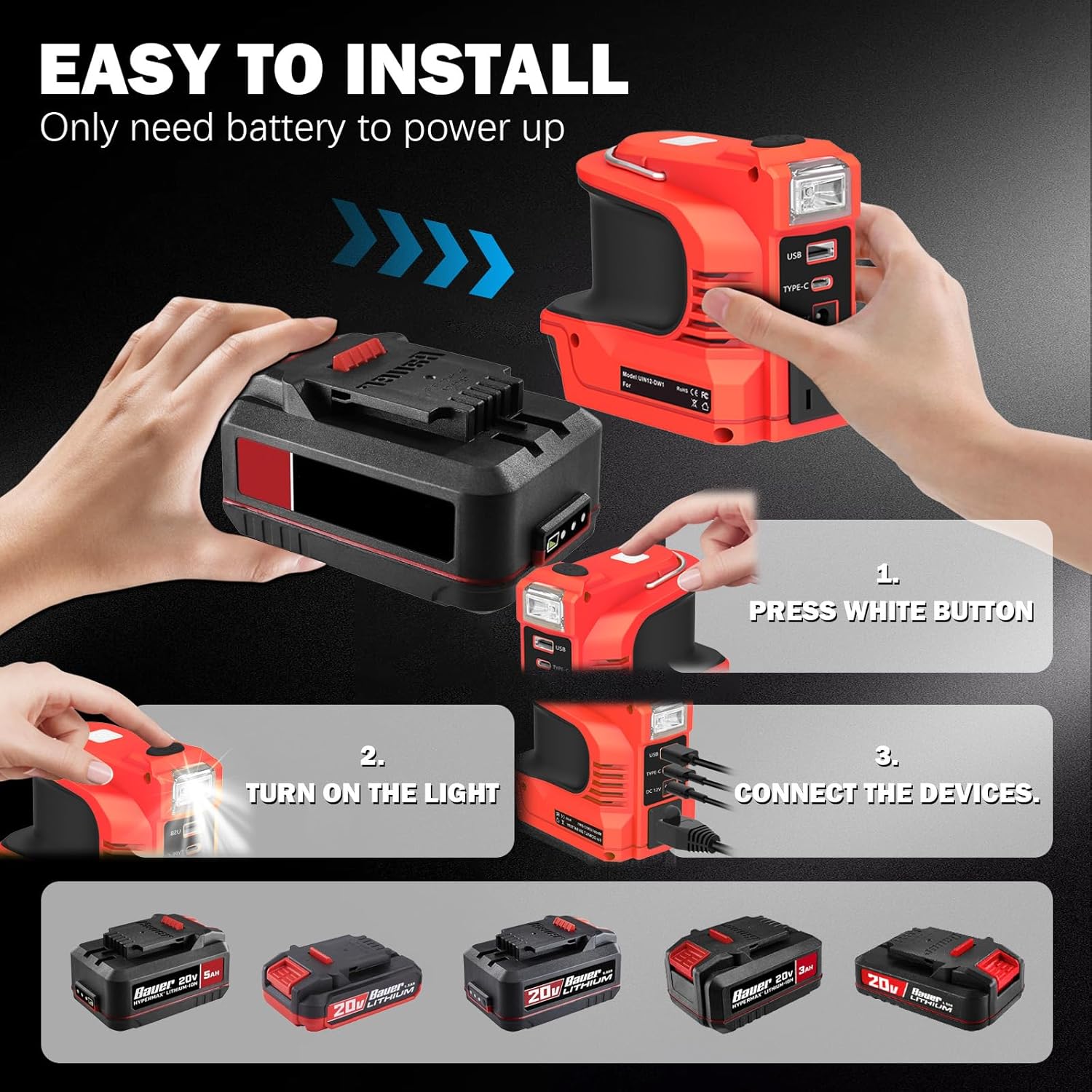 220W Power Inverter for Bauer 20V, DC 24V to AC 110-120V Portable Power Charger with 2 USB Ports, 1 Type-C, and 1 AC Outlet (No Battery)