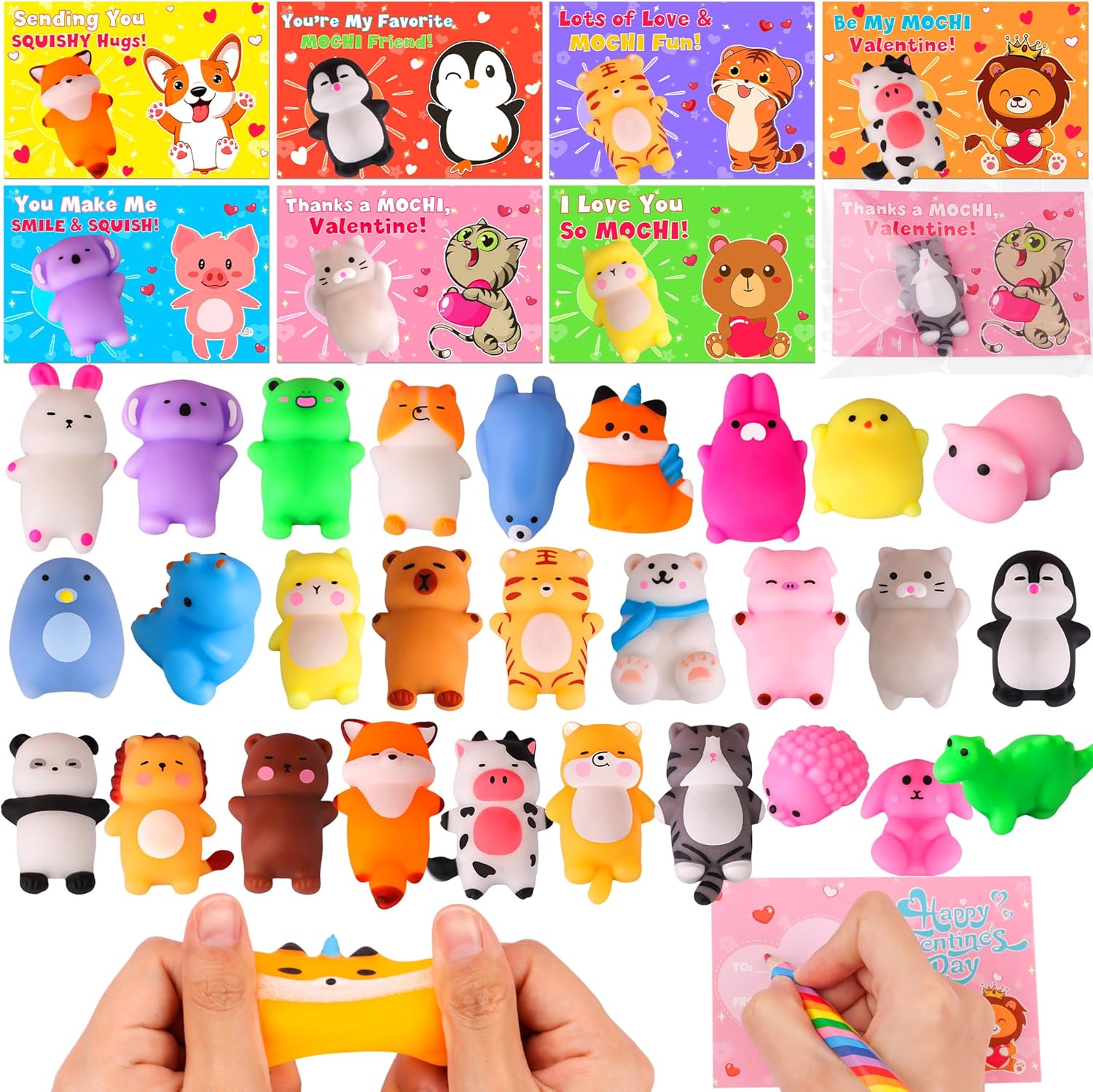 28 Pack Valentines Day Cards for Kids Classroom, Kawaii Mochi Squishies Fidget Toys with Valentines Cards, Classroom Gift Exchange, School Party Favors for Boys Girls