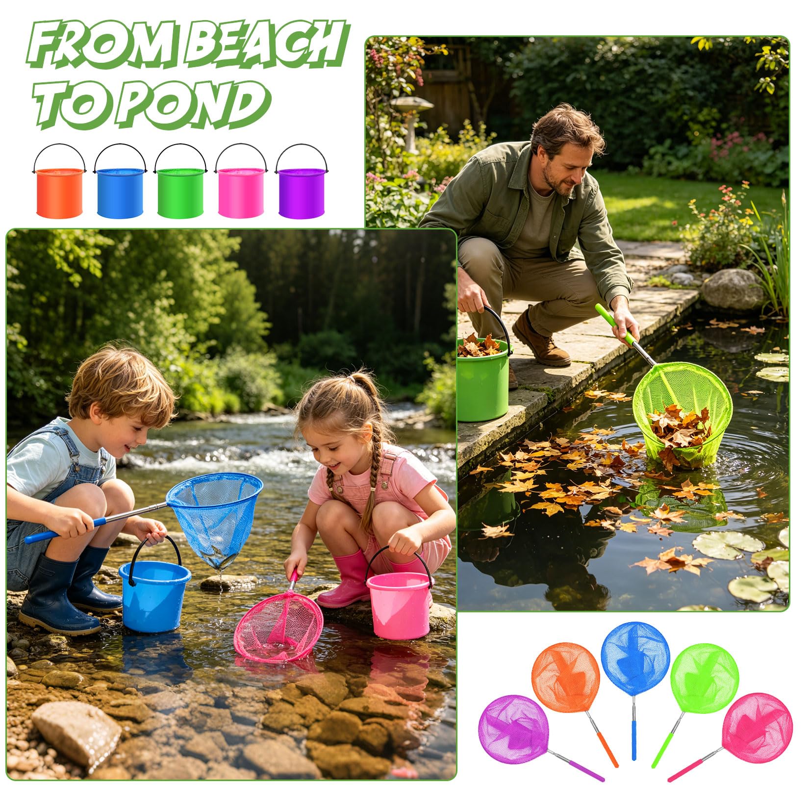 Herbst 10er XXL Kinder Kescher Set, 5 Stück Teleskop Kescher Kinder (37-85cm) mit 5 Faltbarer Eimer Robustes Fischernetz Kinder & Schmetterlingsnetz Kinder für Strand, Teich & Garten – Bunt