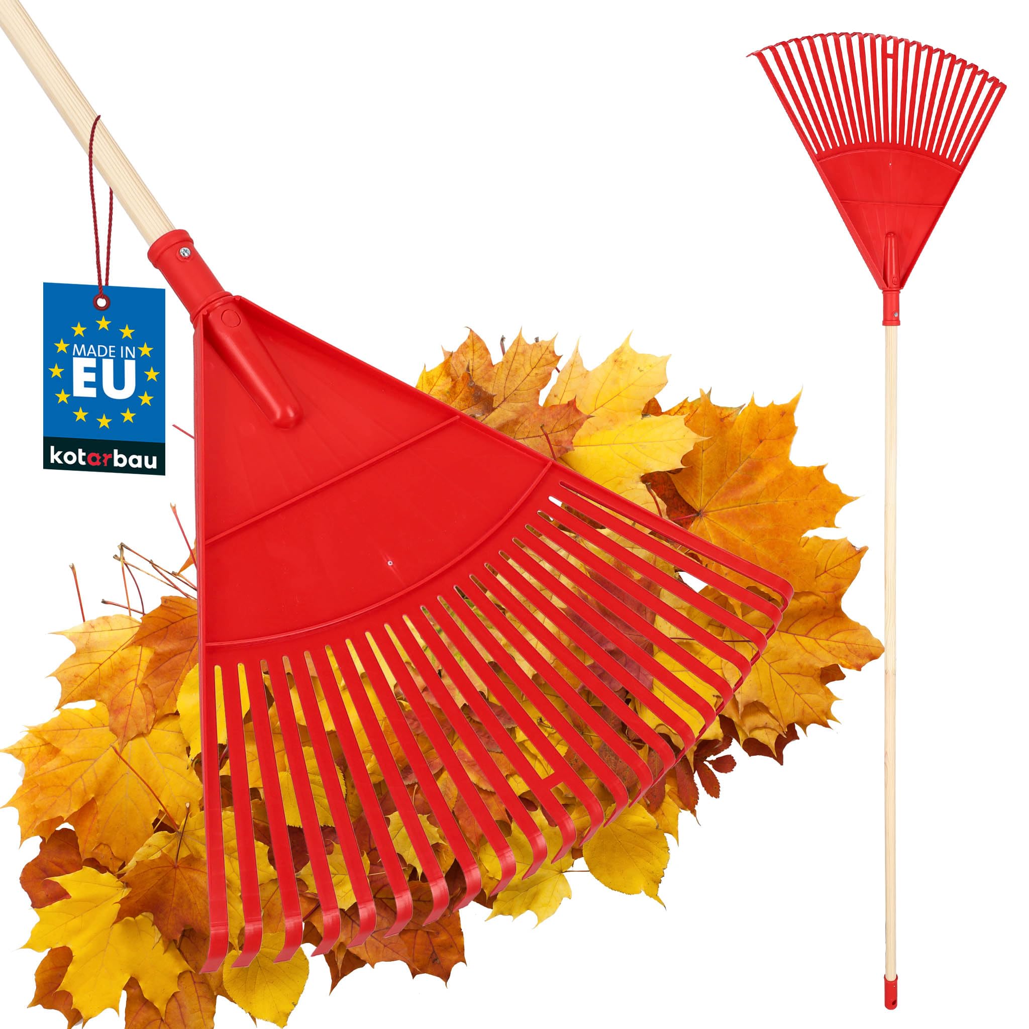 KOTARBAU® Rastrillo Hojas Jardin - Plástico - 48 cm - con Mango de Madera - 150 cm - Rastrillo Jardin - Herramienta Jardinería - Rastrillos para Cesped - Fácil De Guardar - Rojo y Madera Natural